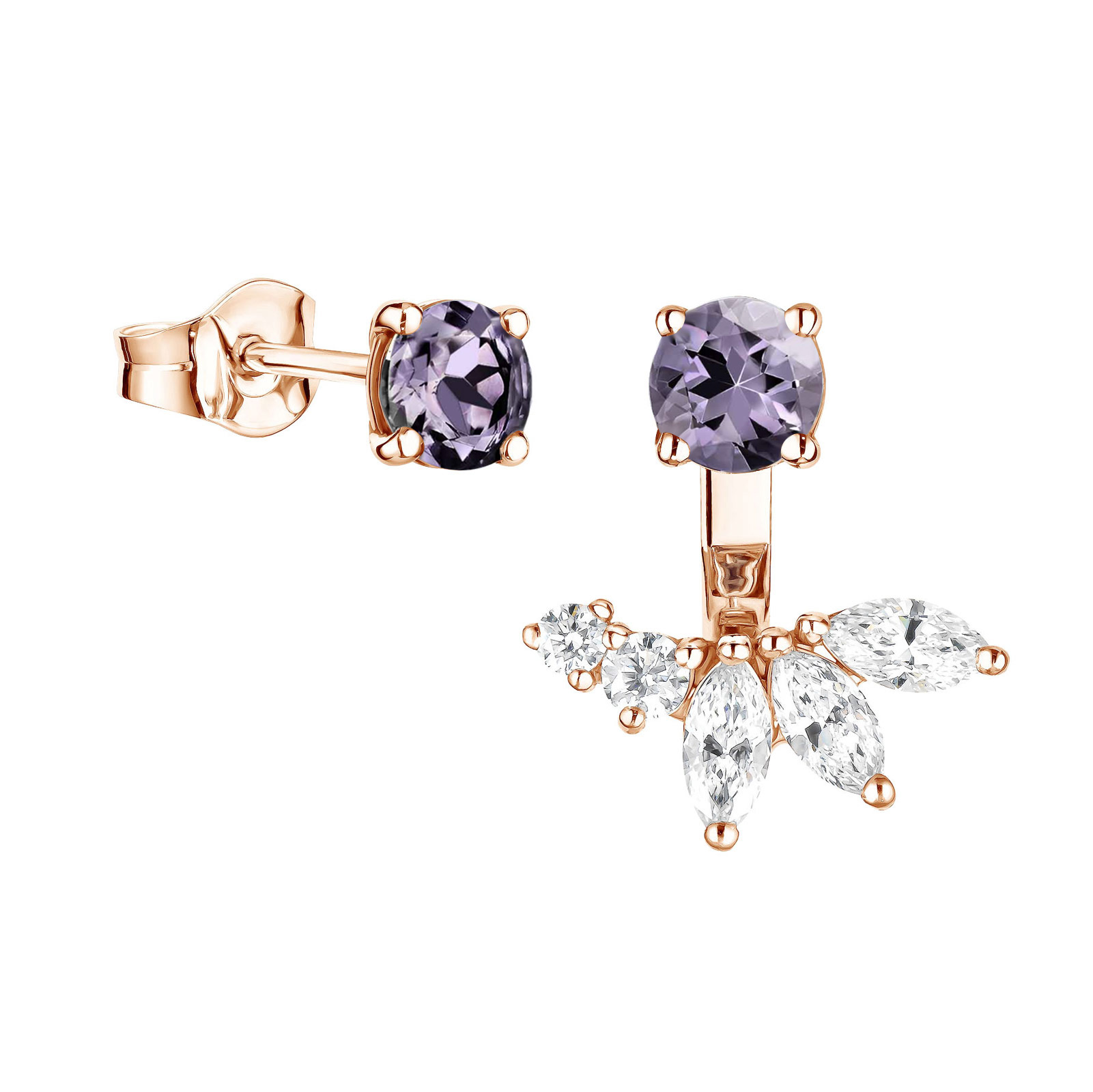 Earrings Rose gold Lavender Spinel and diamonds EverBloom Asymétriques 1