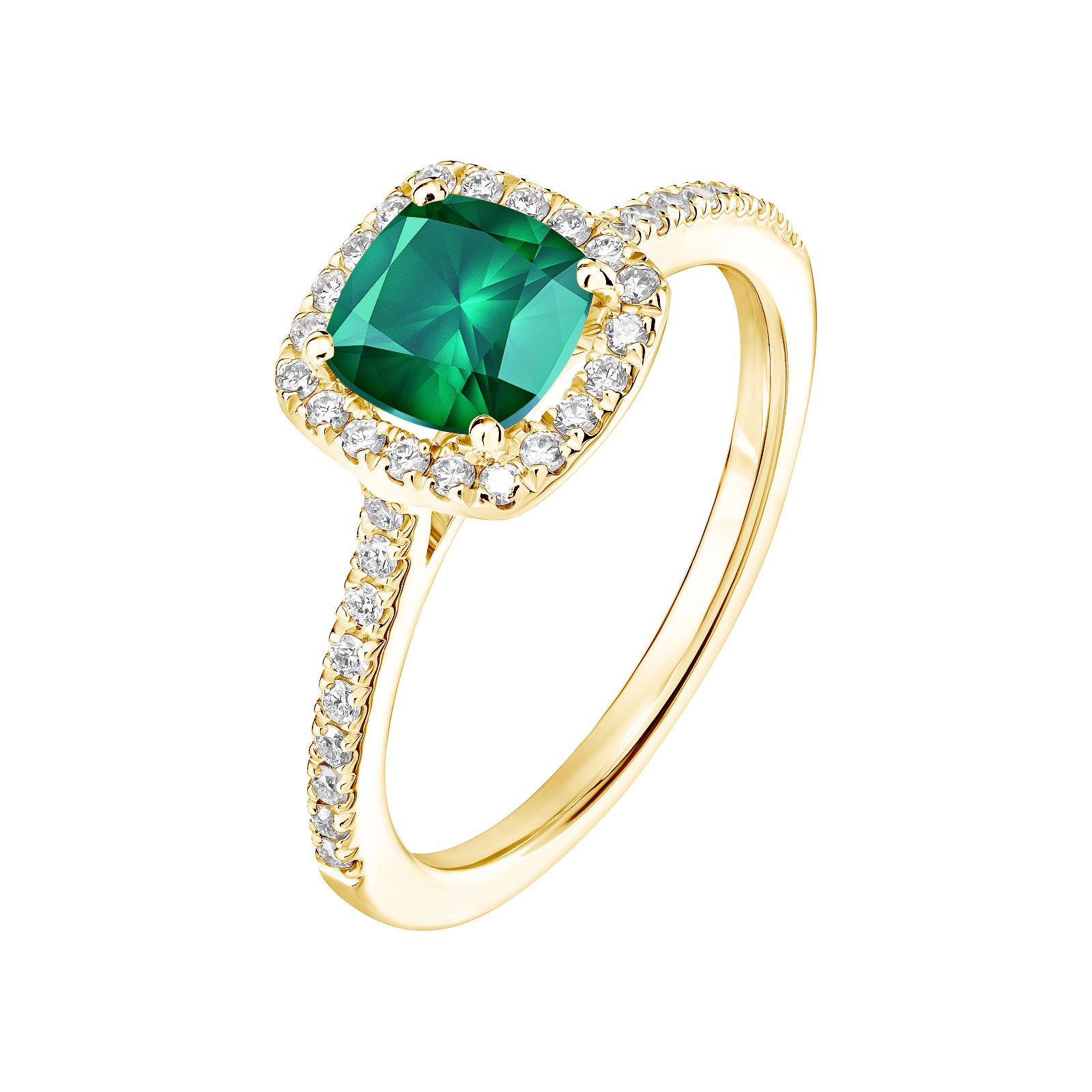 Ring Yellow gold Emerald and diamonds Rétromantique Coussin Pavée 1