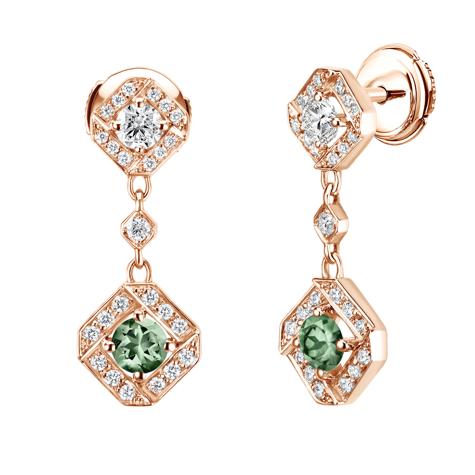Earrings Rose gold Green Sapphire and diamonds Plissage 1