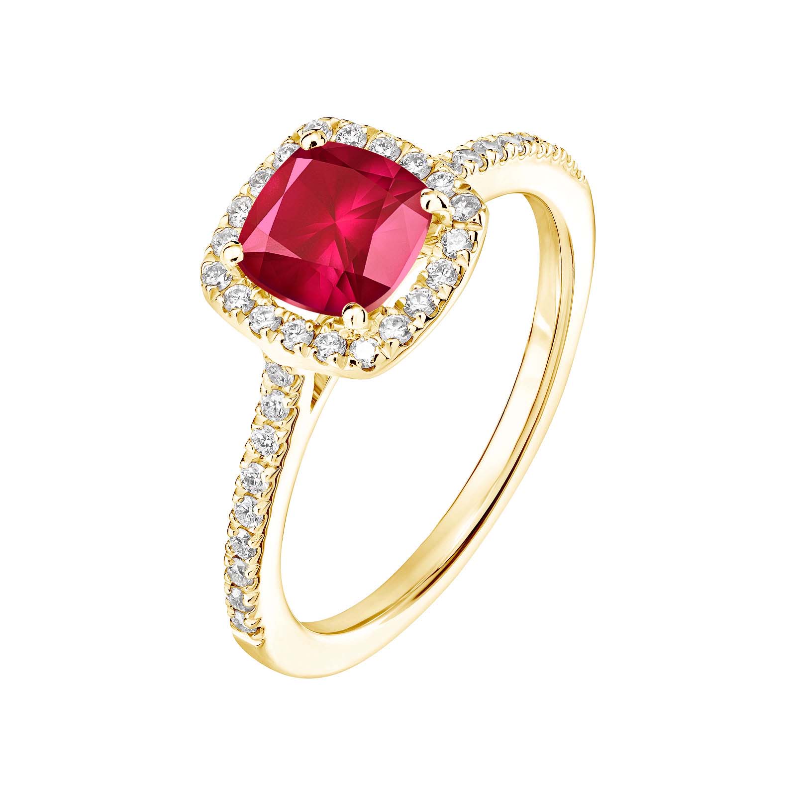 Ring Yellow gold Ruby and diamonds Rétromantique Coussin Pavée 1