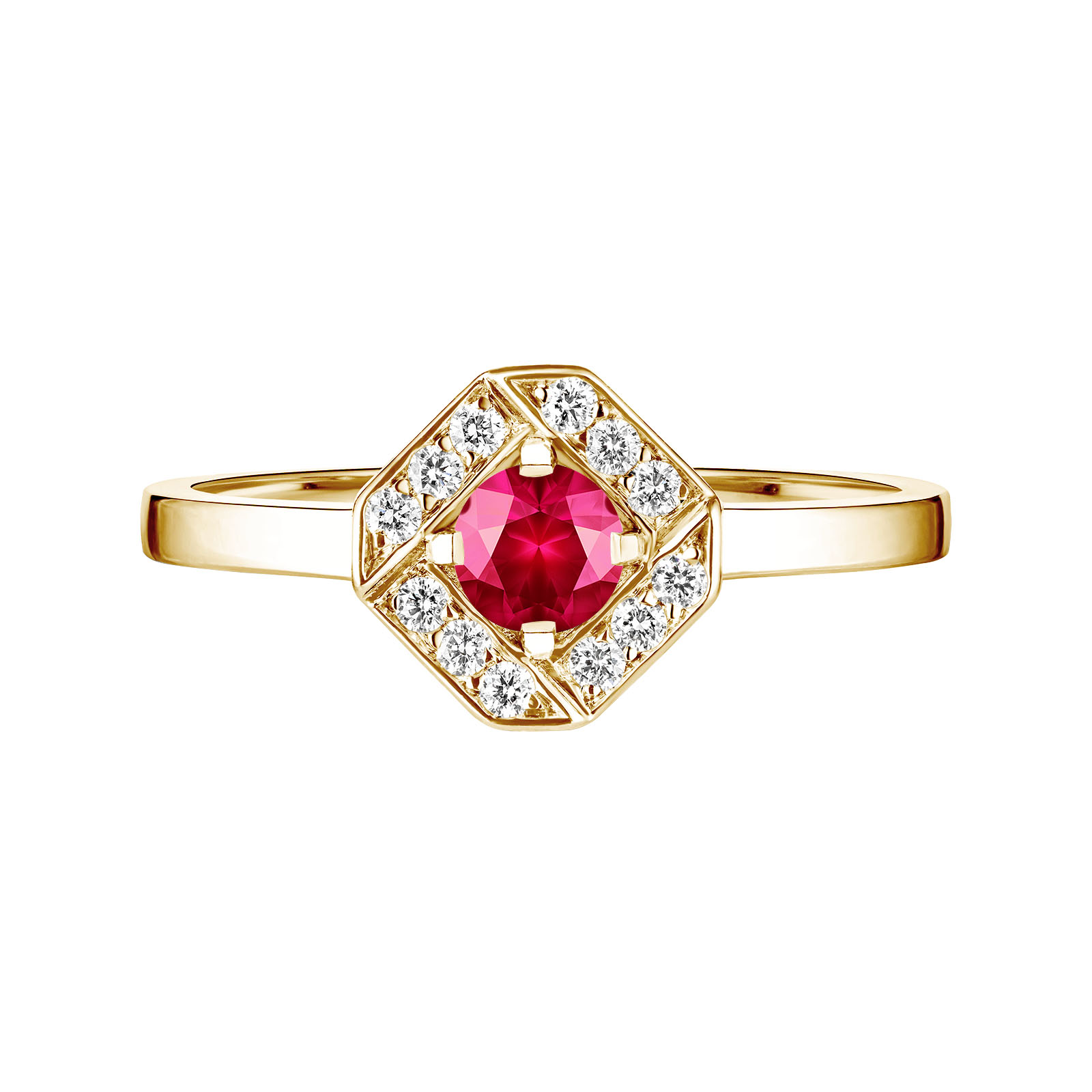 Ring Yellow gold Ruby and diamonds Plissage Rond 4 mm 1