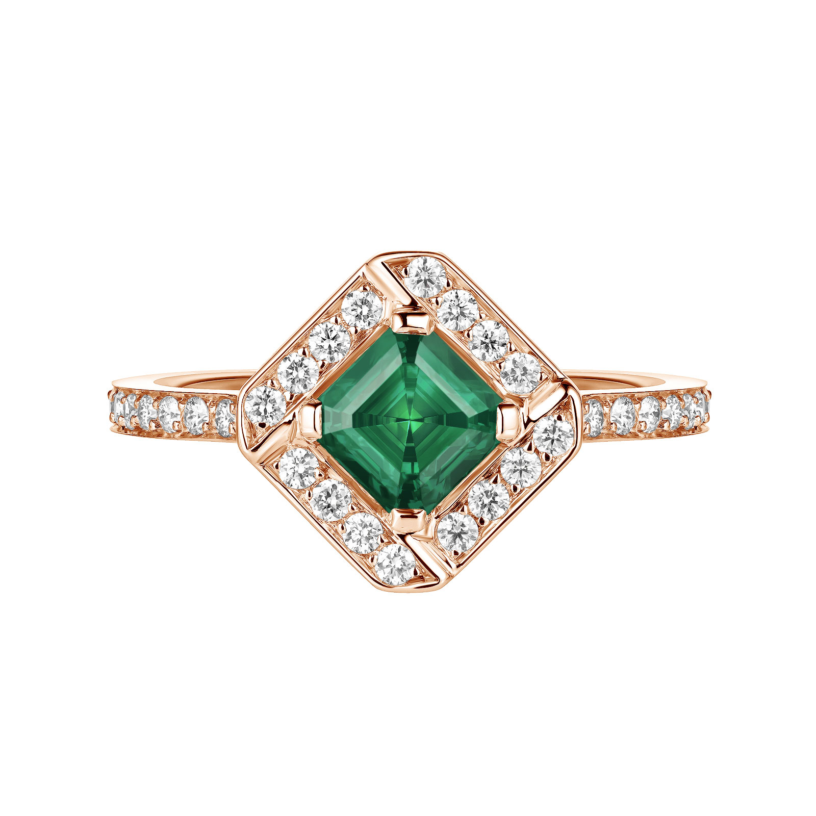 Ring Roségold Smaragdgrün und diamanten Plissage 1