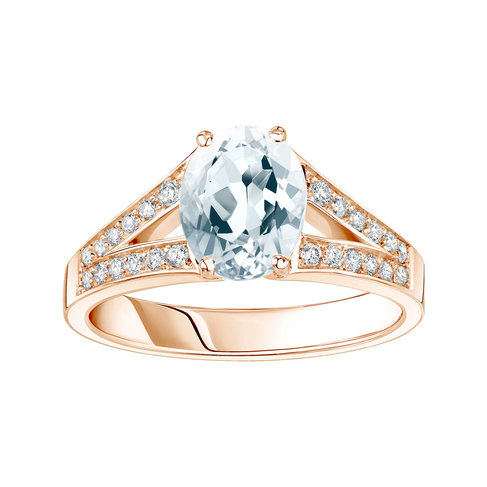 Bague Or rose Aigue-marine et diamants Rétromantique Tiare Pavée 1