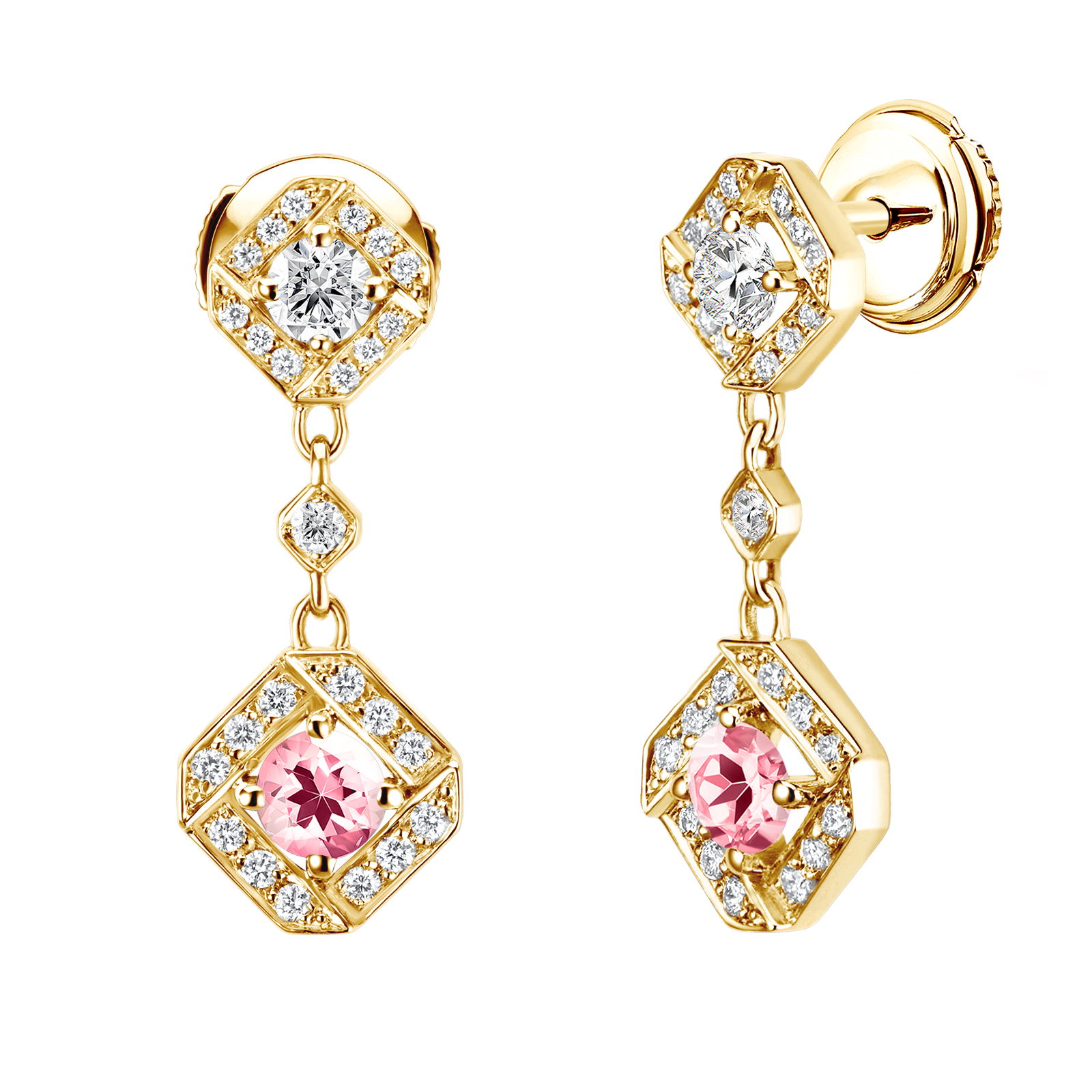 Earrings Yellow gold Tourmaline and diamonds Plissage 1