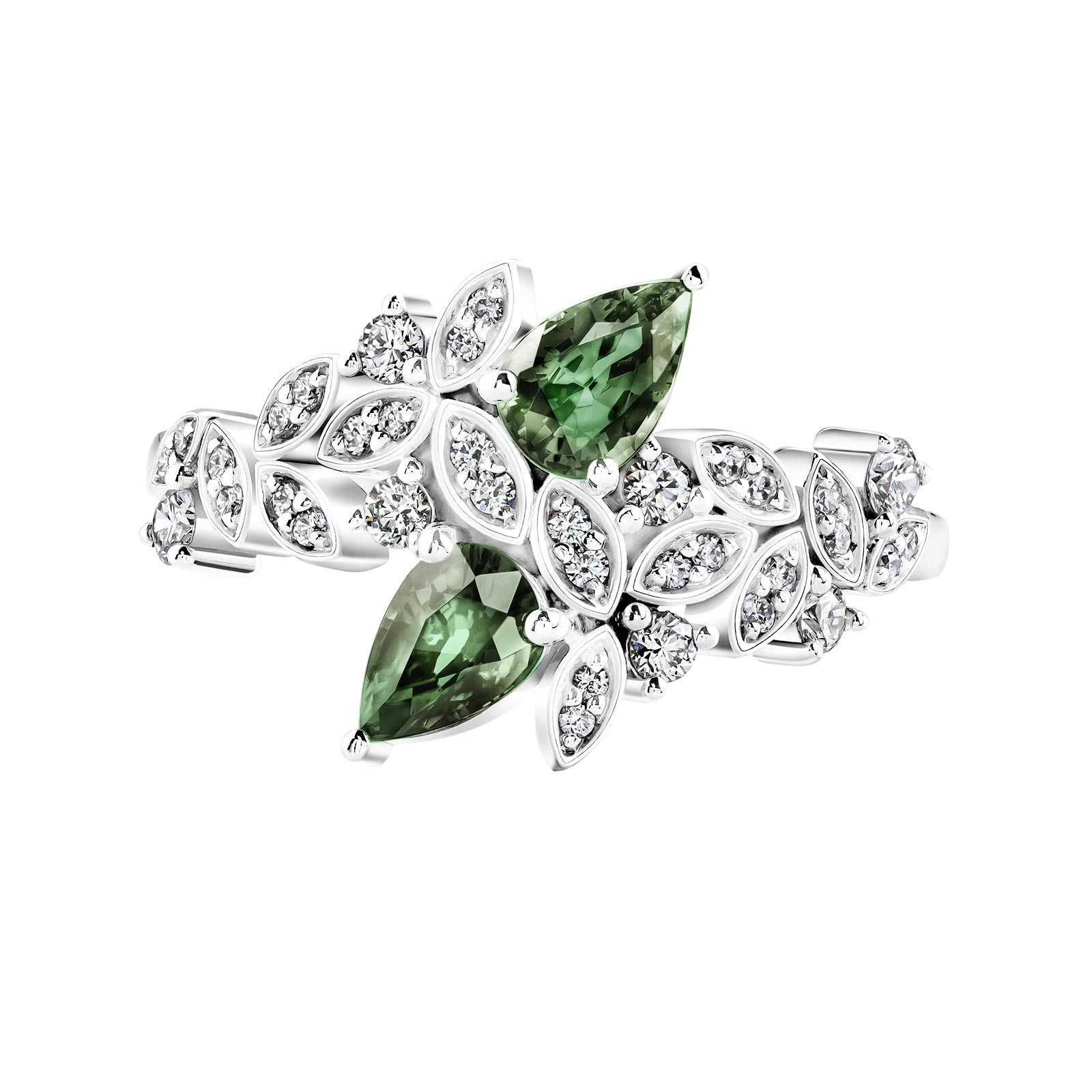 Ring White gold Green Sapphire and diamonds EverBloom Toi & Moi 1