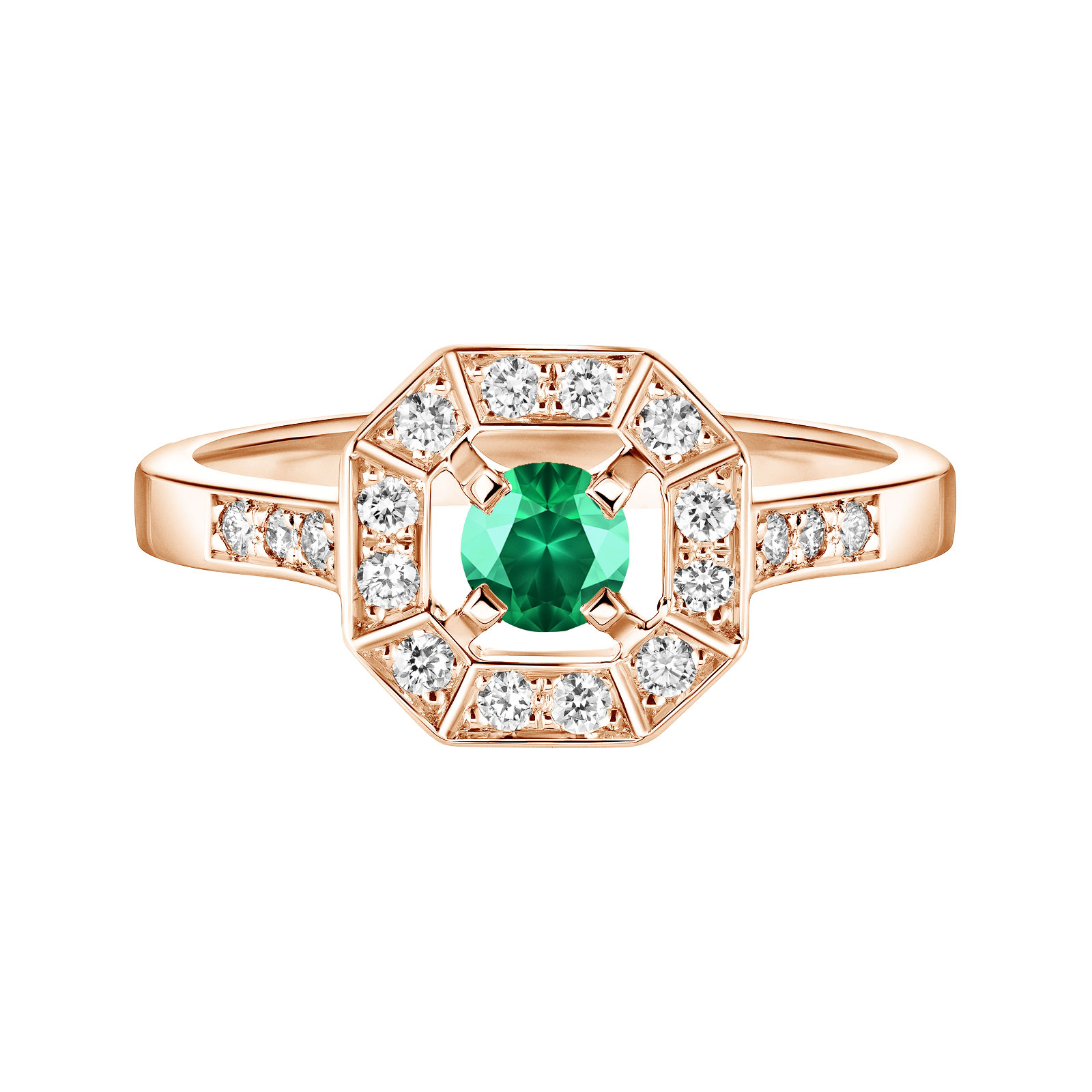 Ring Rose gold Emerald and diamonds Art Déco Rond 4 mm 1