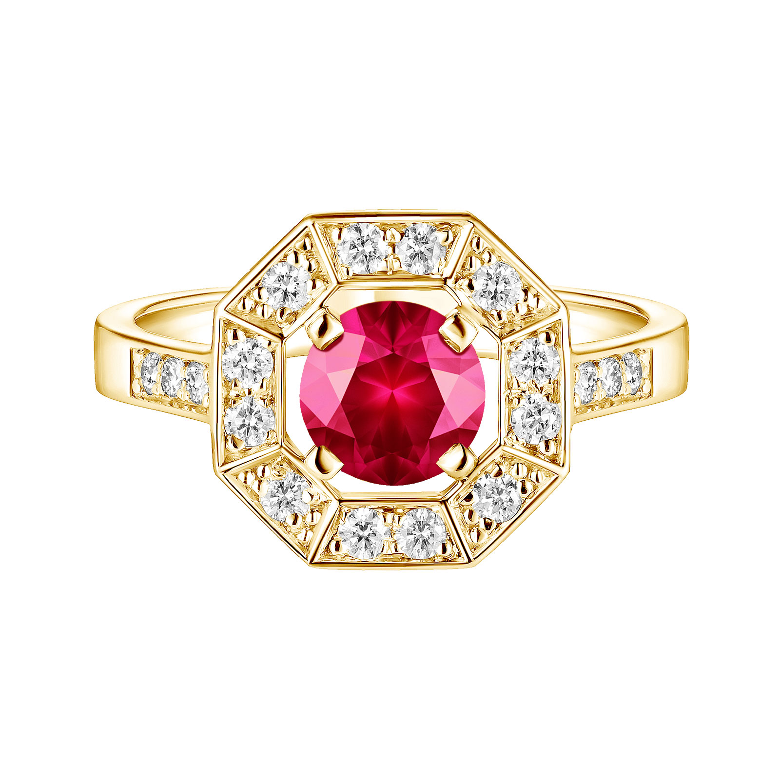 Ring Yellow gold Ruby and diamonds Art Déco Rond 6 mm 1