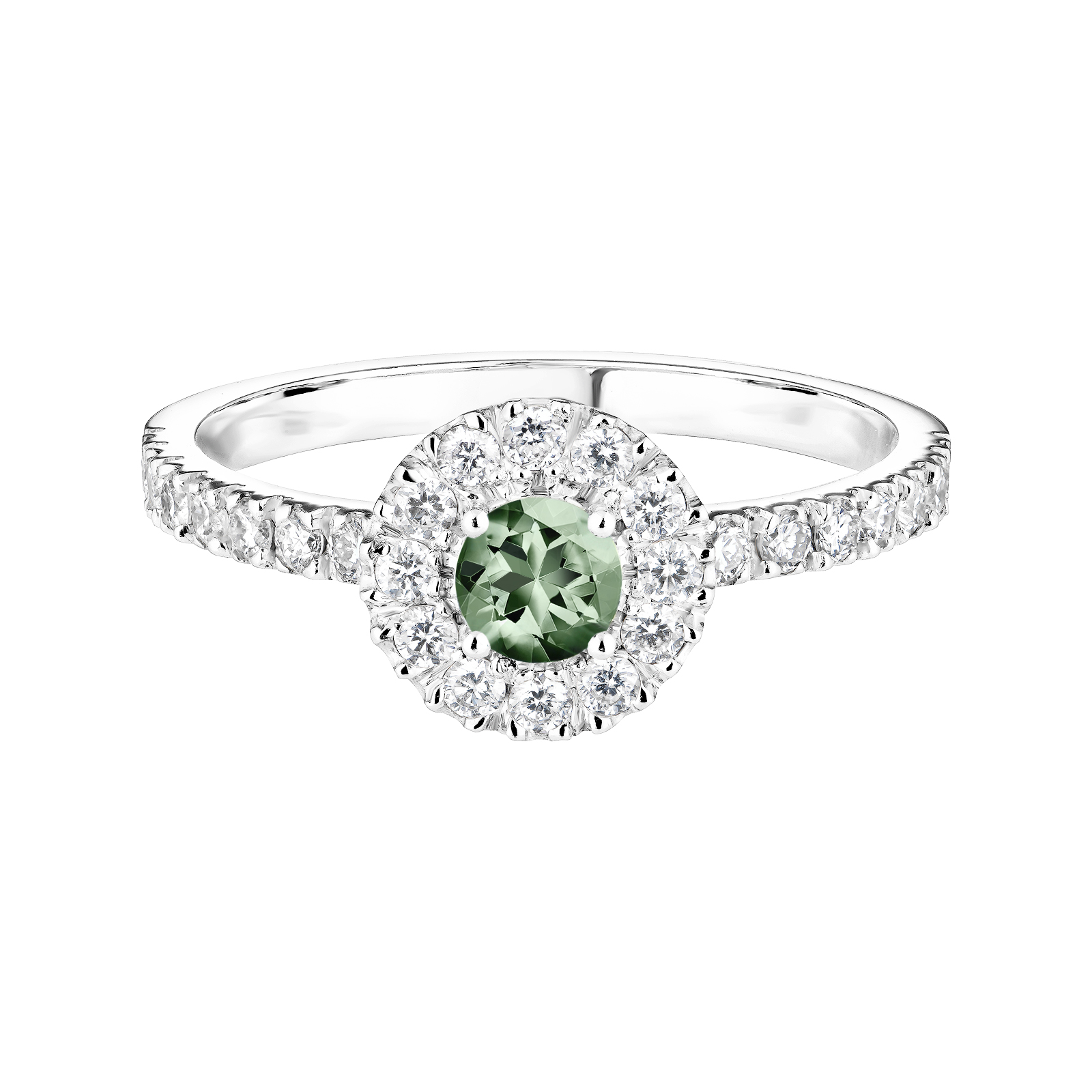 Bague Or blanc Saphir Vert et diamants Rétromantique Solo Pavée 1