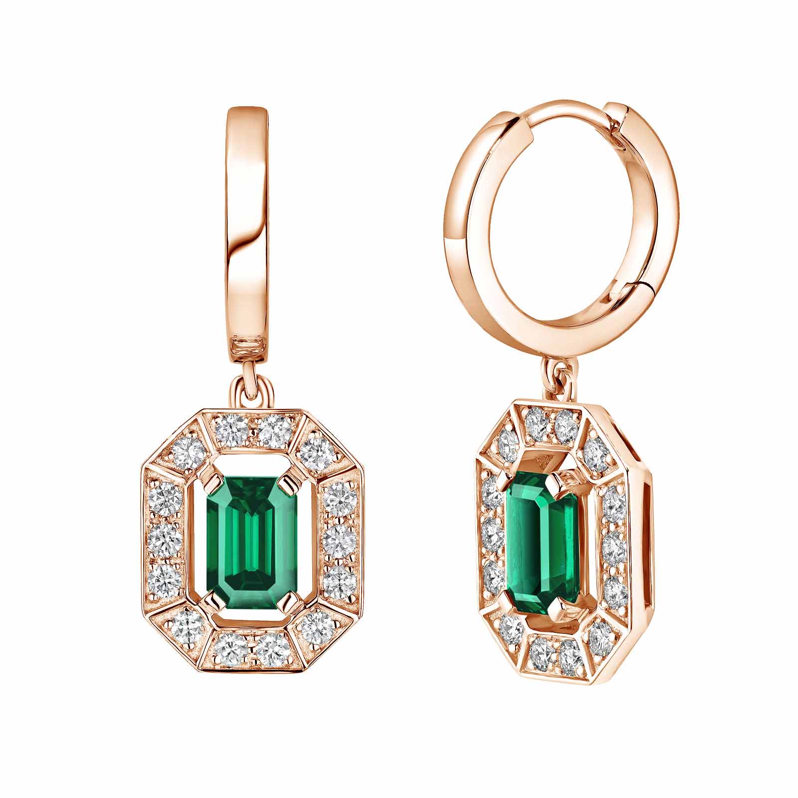 Earrings Rose gold Emerald and diamonds Art Déco 1