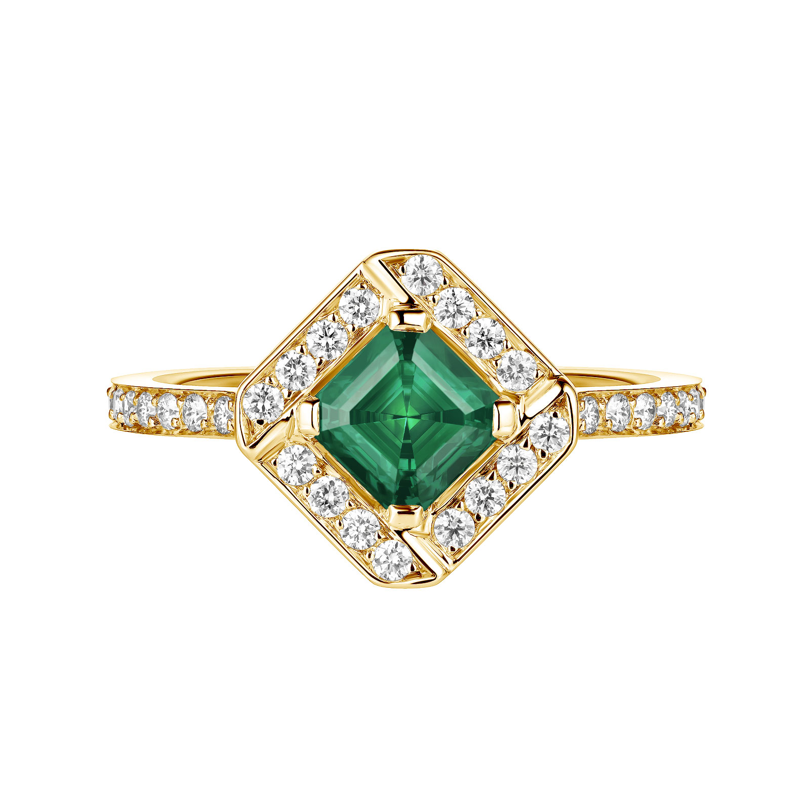 Ring Yellow gold Emerald and diamonds Plissage 1