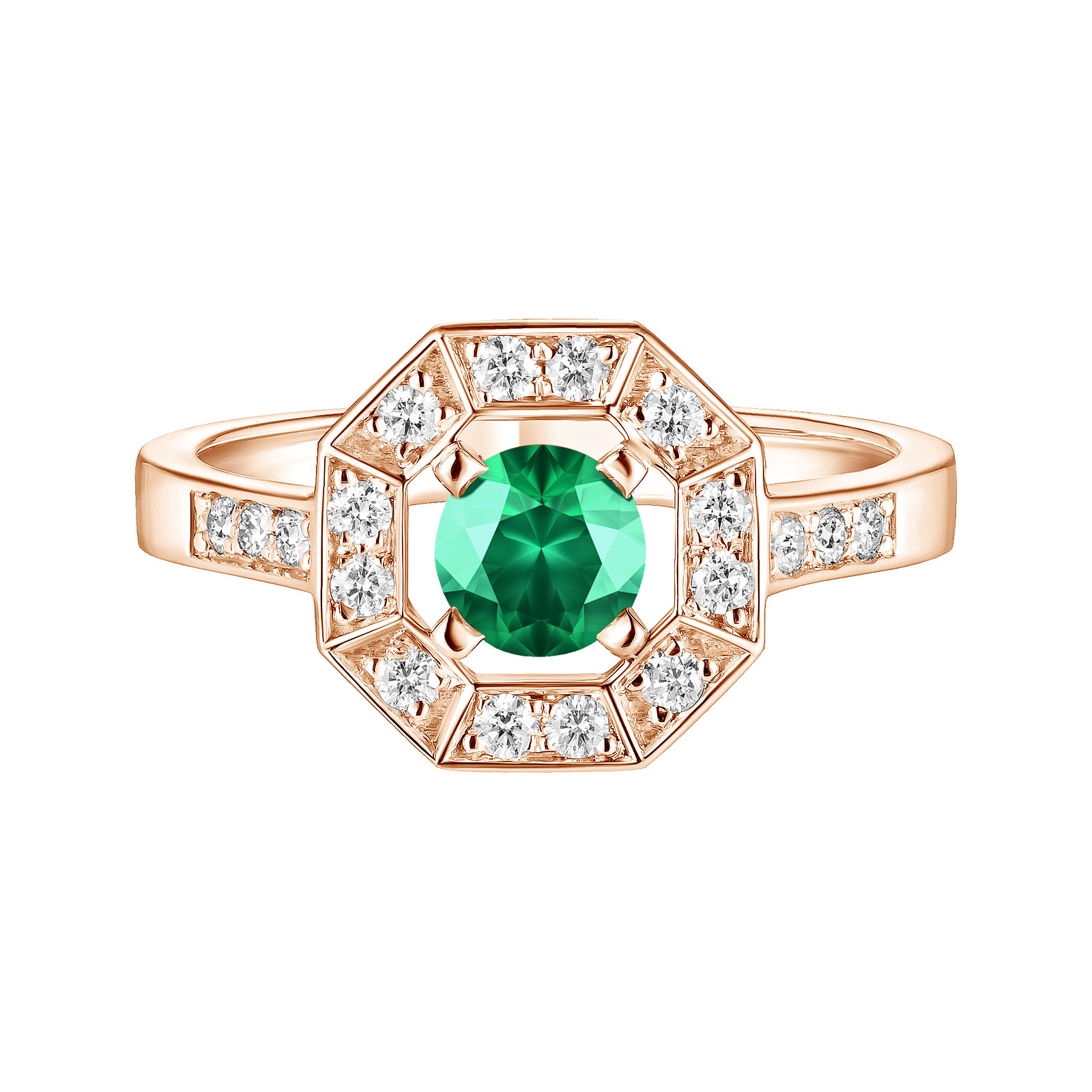 Ring Rose gold Emerald and diamonds Art Déco Rond 5 mm 1
