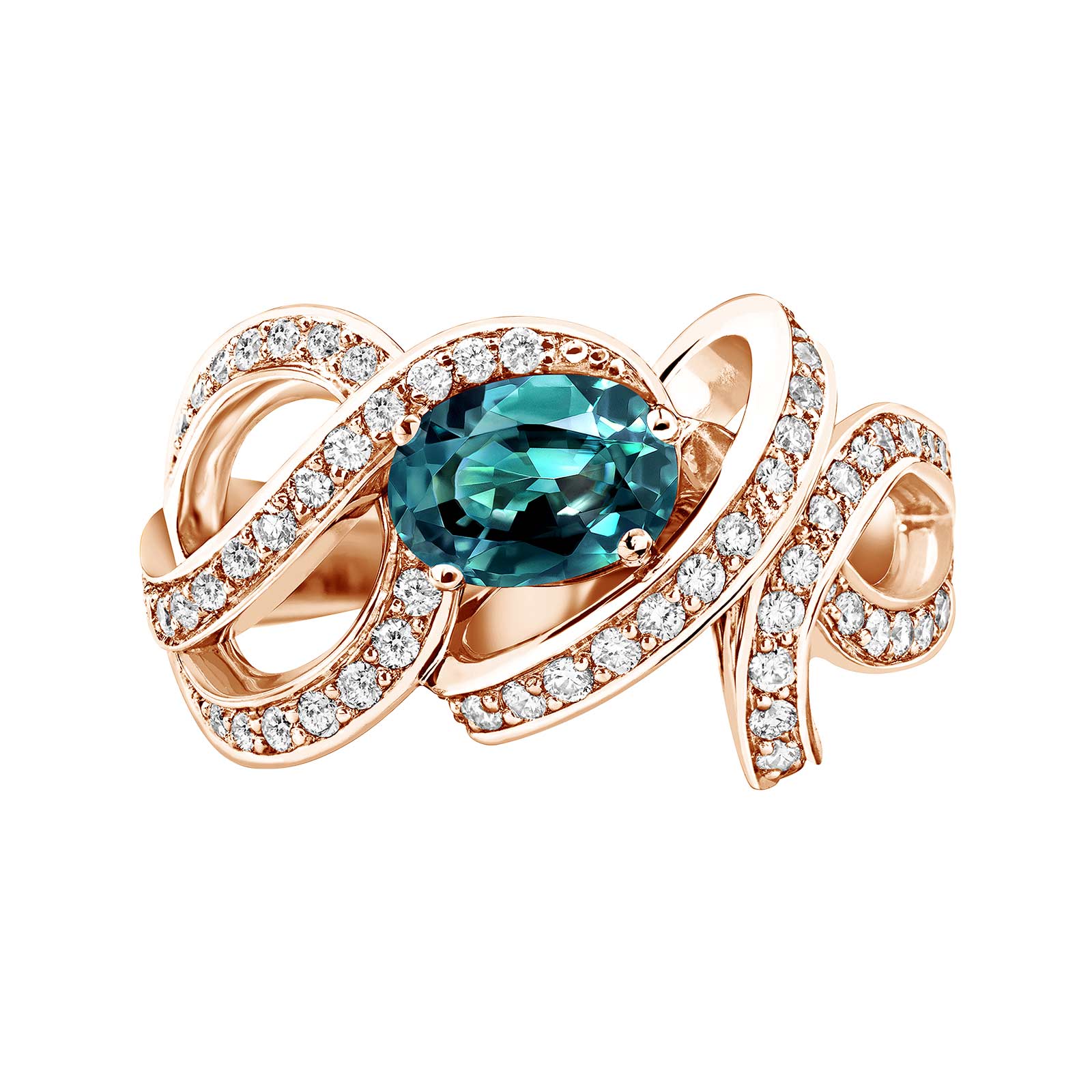 Ring Rose gold Teal Sapphire and diamonds Olympia 1