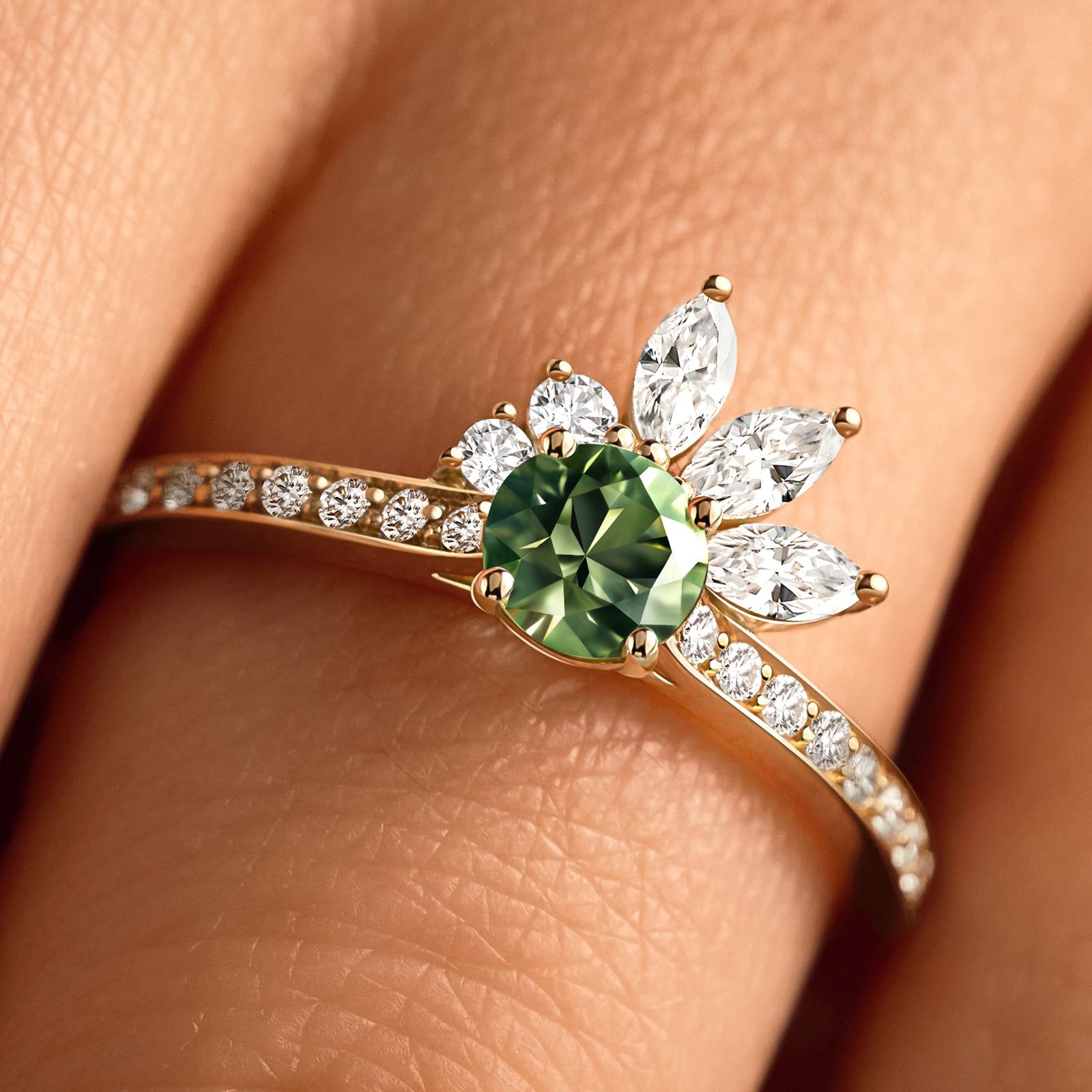 Ring Weißgold Grüner Saphir und diamanten Little EverBloom Pavée 3