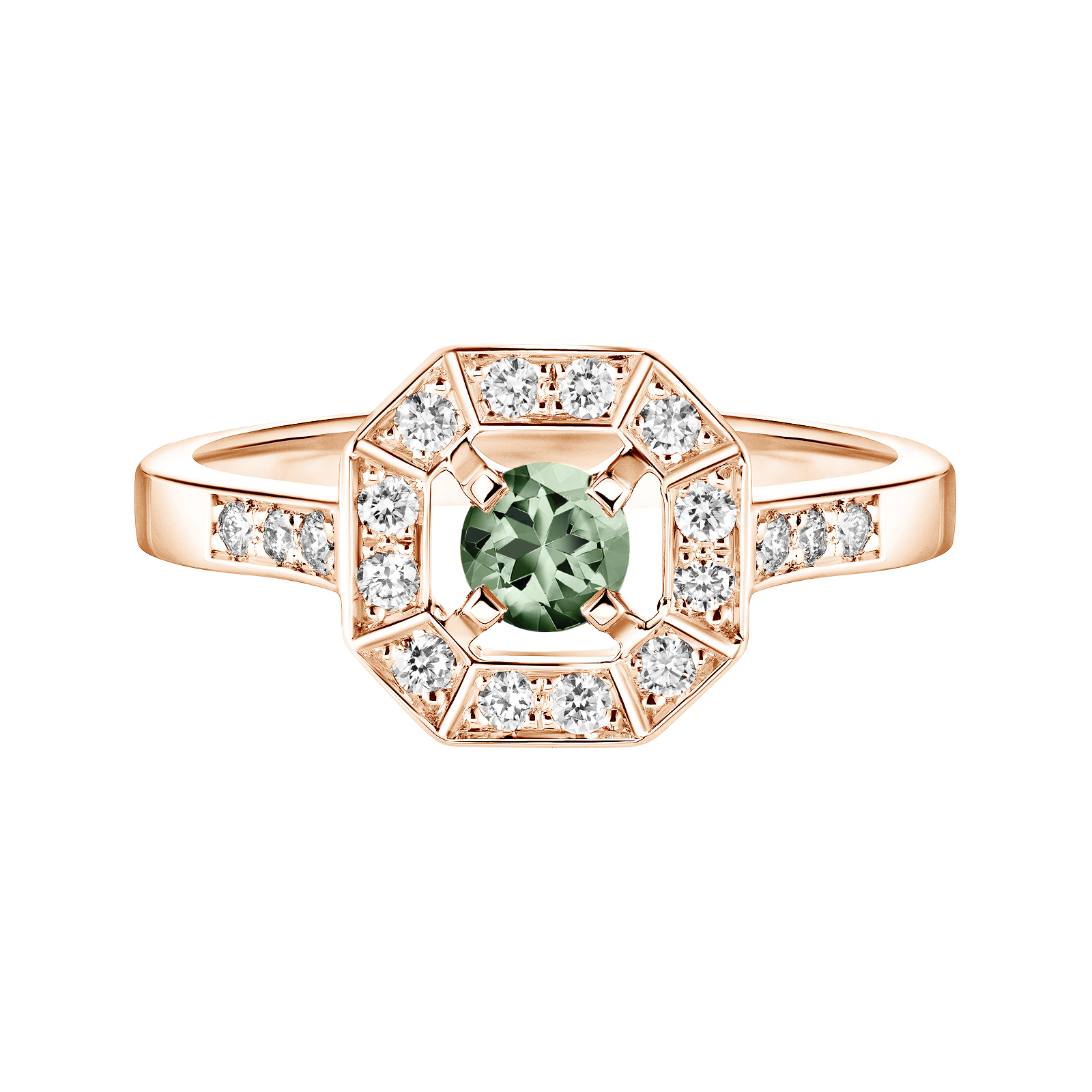 Ring Roségold Grüner Saphir und diamanten Art Déco Rond 4 mm 1