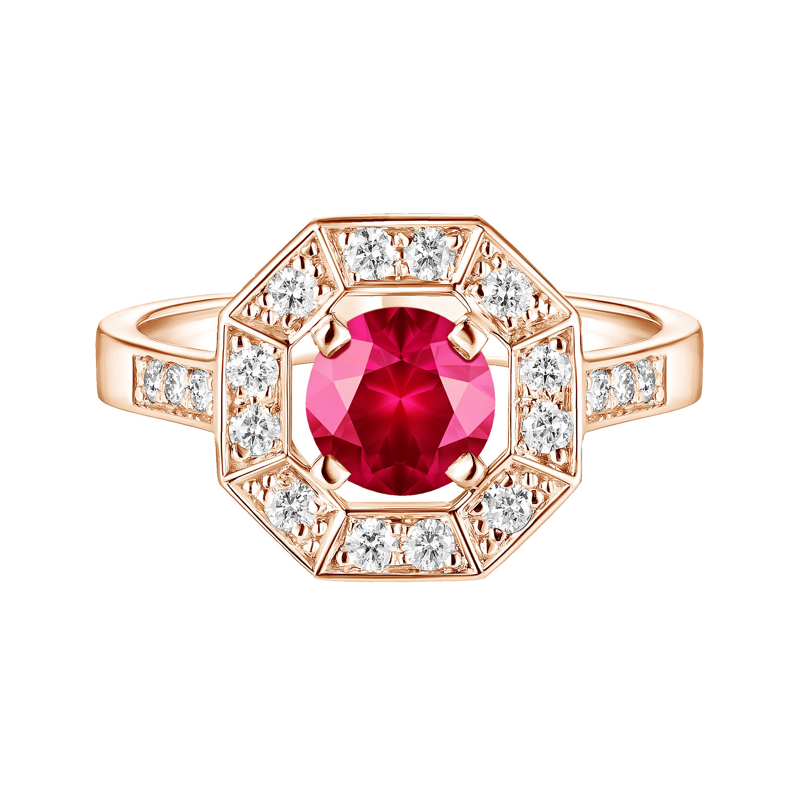 Ring Rose gold Ruby and diamonds Art Déco Rond 6 mm 1