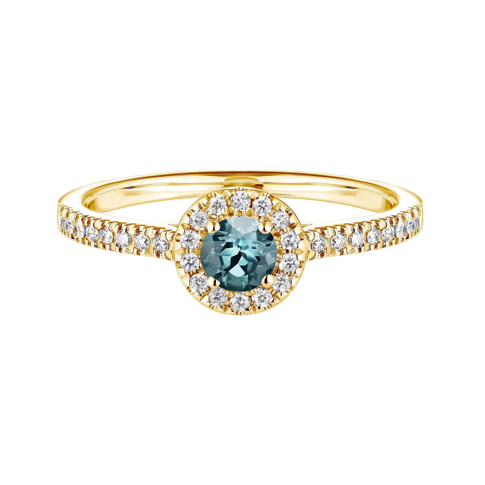 Bague Or jaune Saphir Bleu Gris et diamants Rétromantique S Pavée 1