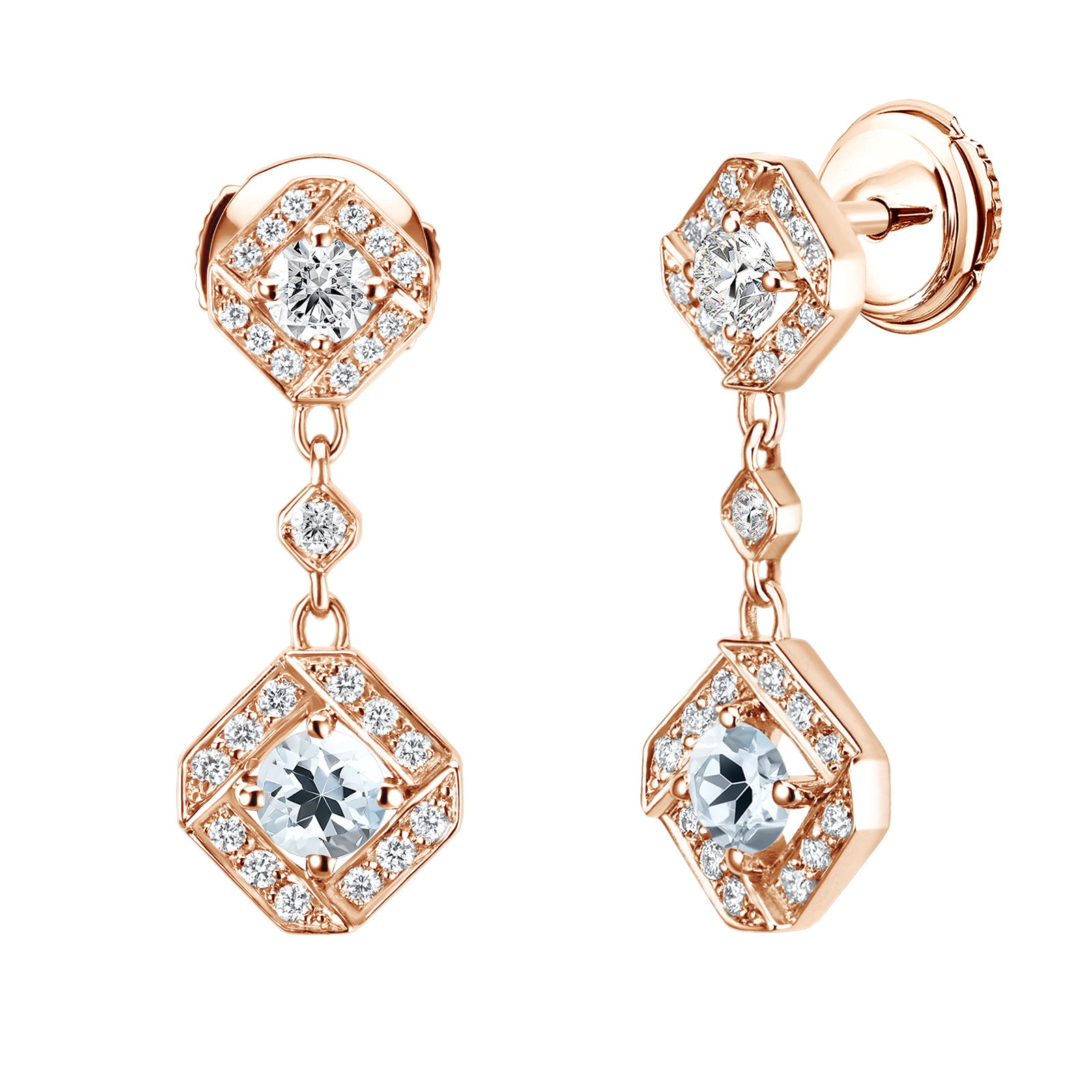 Boucles d'oreilles Or rose Aigue-marine et diamants Plissage 1