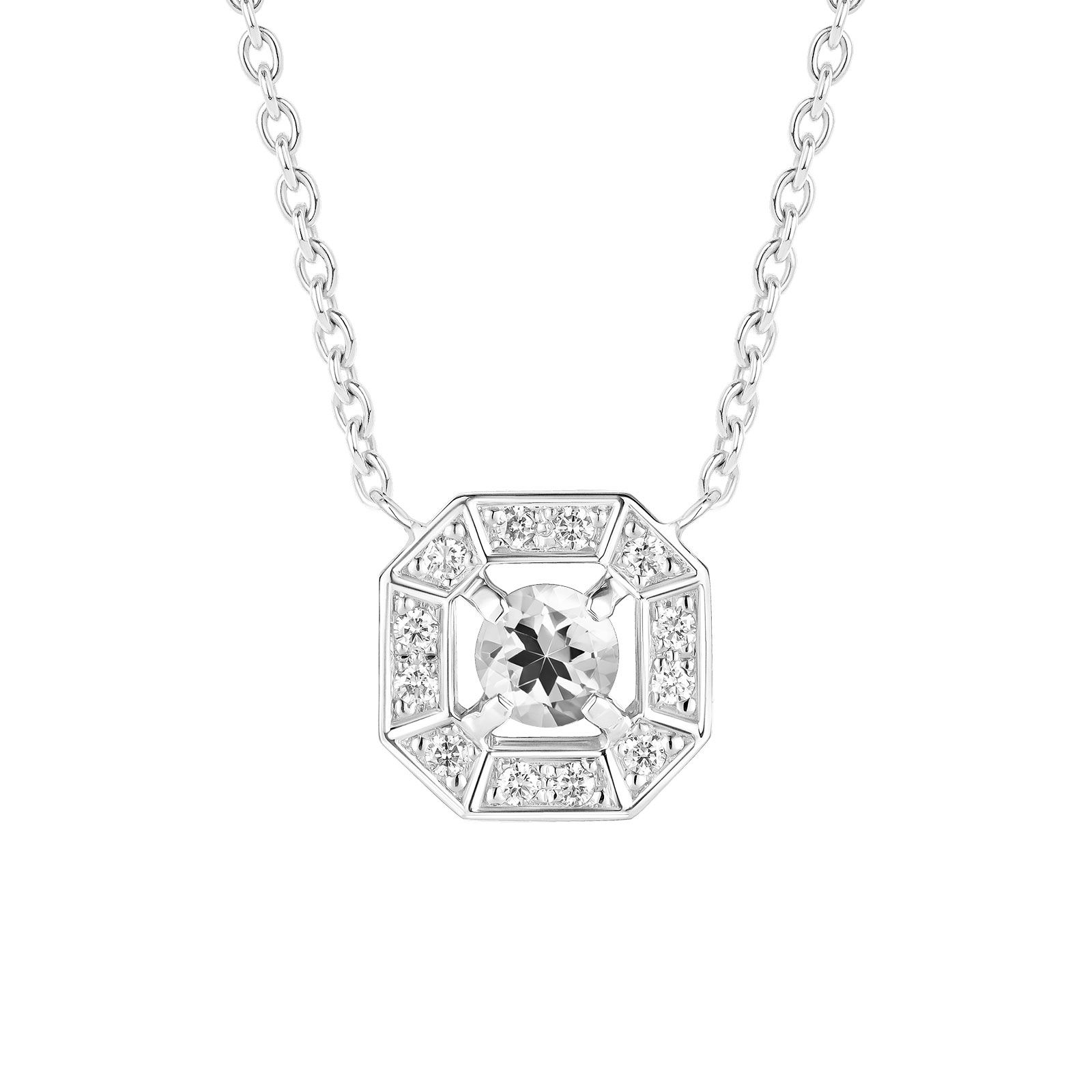 Pendentif Or blanc Quartz et diamants Art Déco Rond 4 mm 1