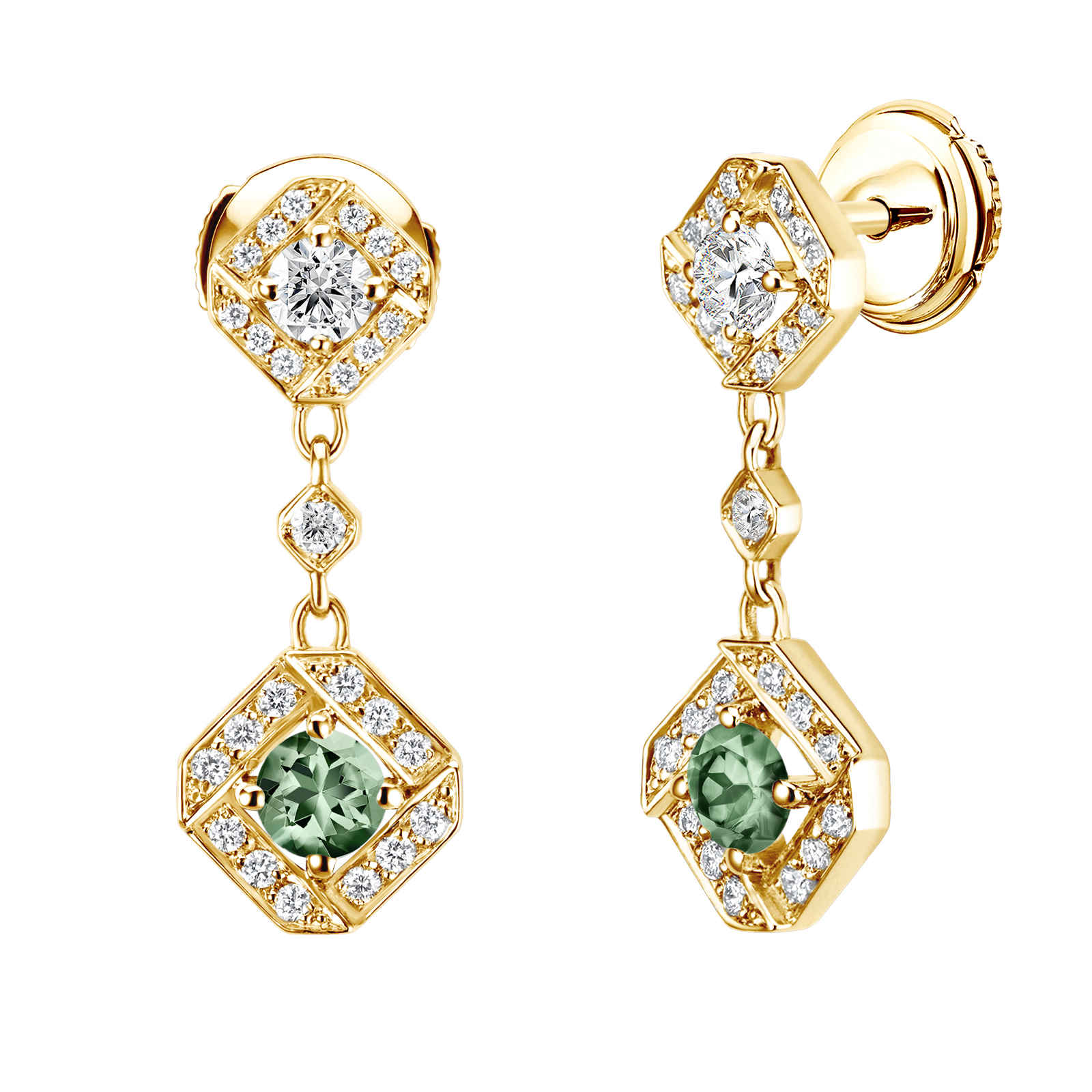 Earrings Yellow gold Green Sapphire and diamonds Plissage 1
