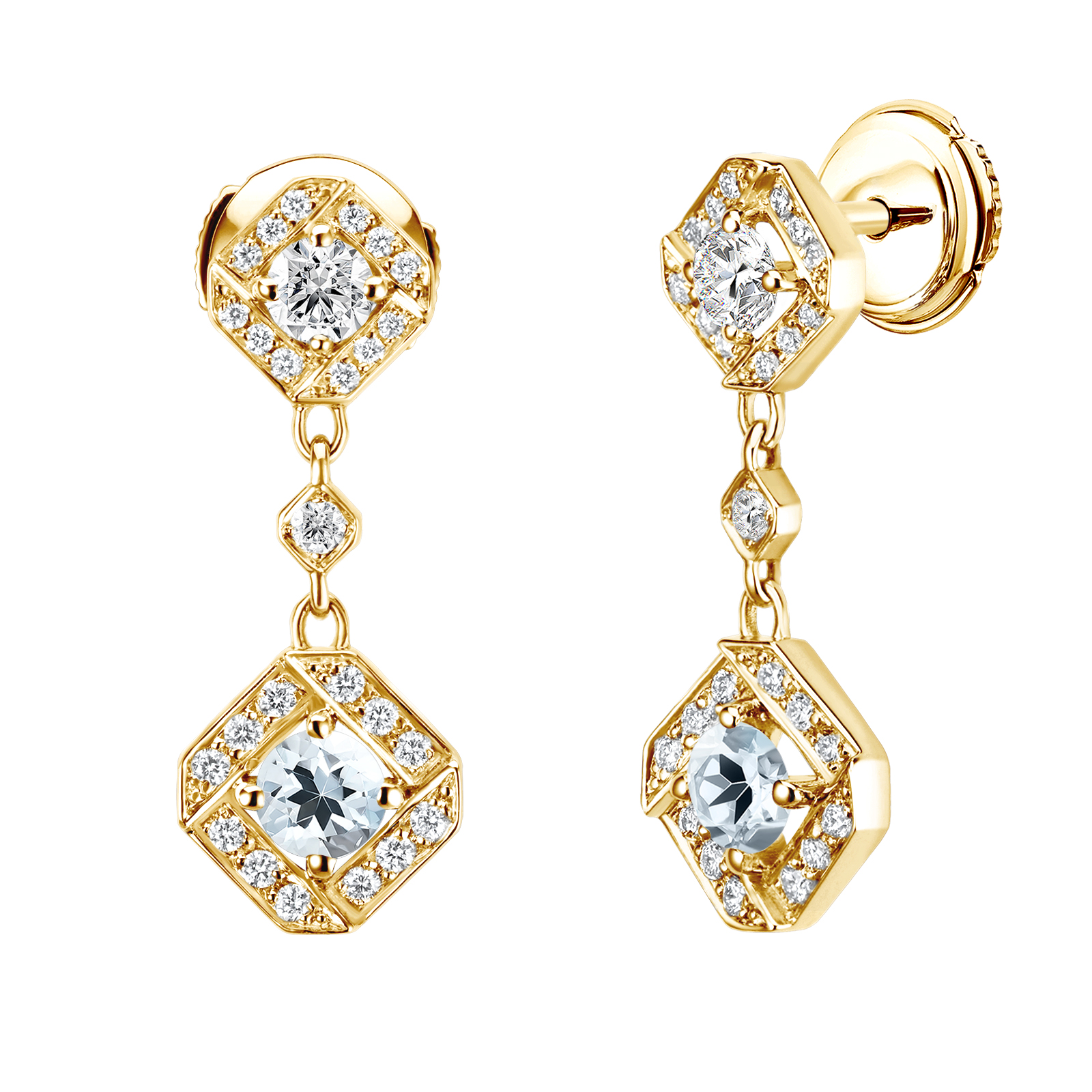 Earrings Yellow gold Aquamarine and diamonds Plissage 1
