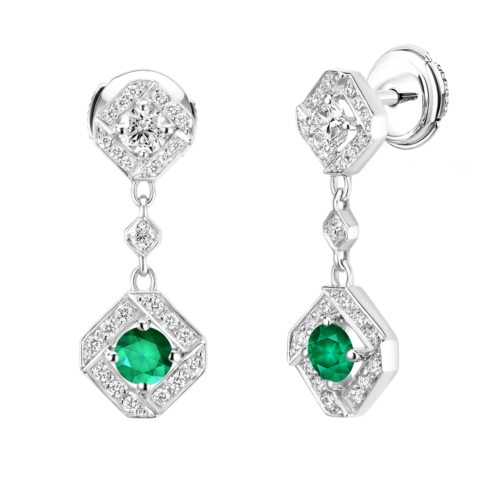 Earrings White gold Emerald and diamonds Plissage 1