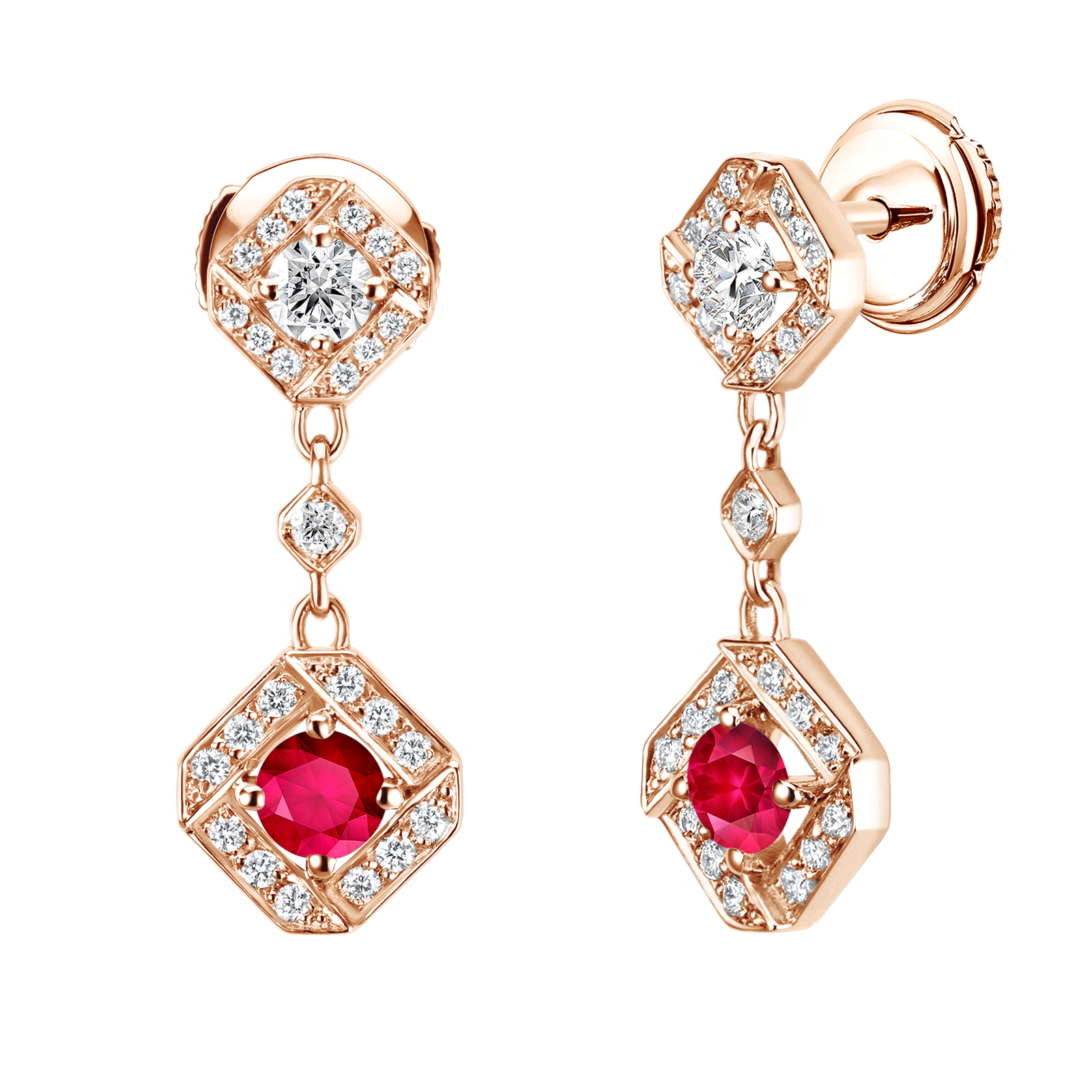 Earrings Rose gold Ruby and diamonds Plissage 1
