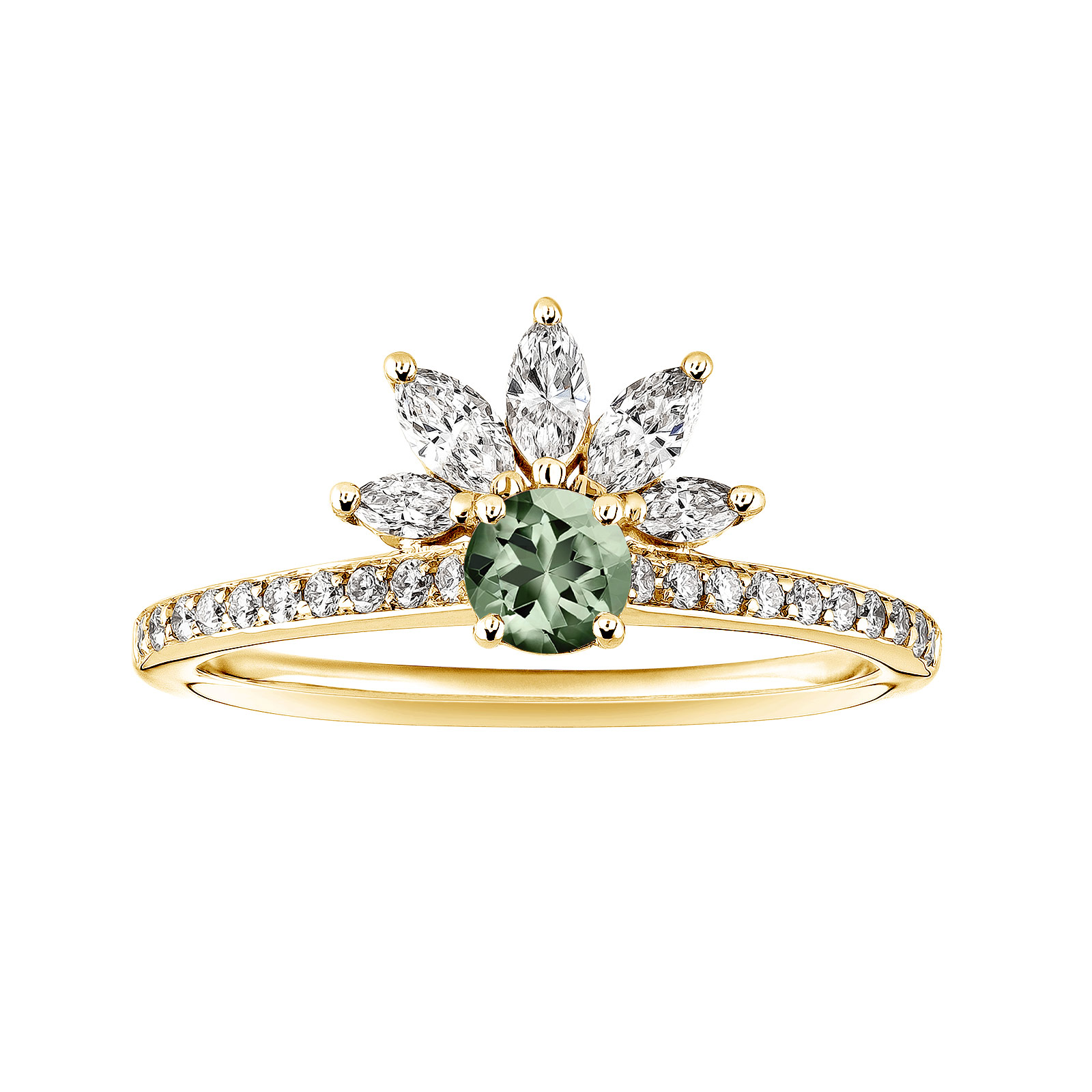 Ring Yellow gold Green Sapphire and diamonds EverBloom Pavée 4 mm 1