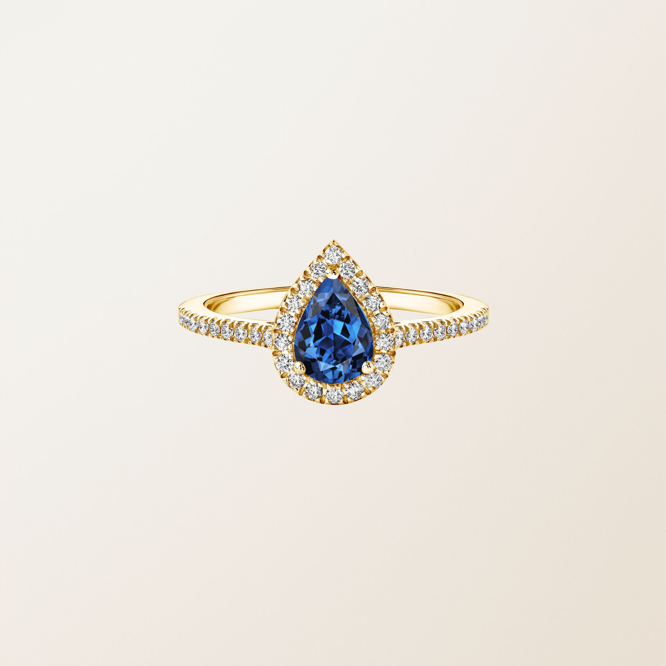Bague Or jaune Saphir et diamants Rétromantique Poire Pavée
