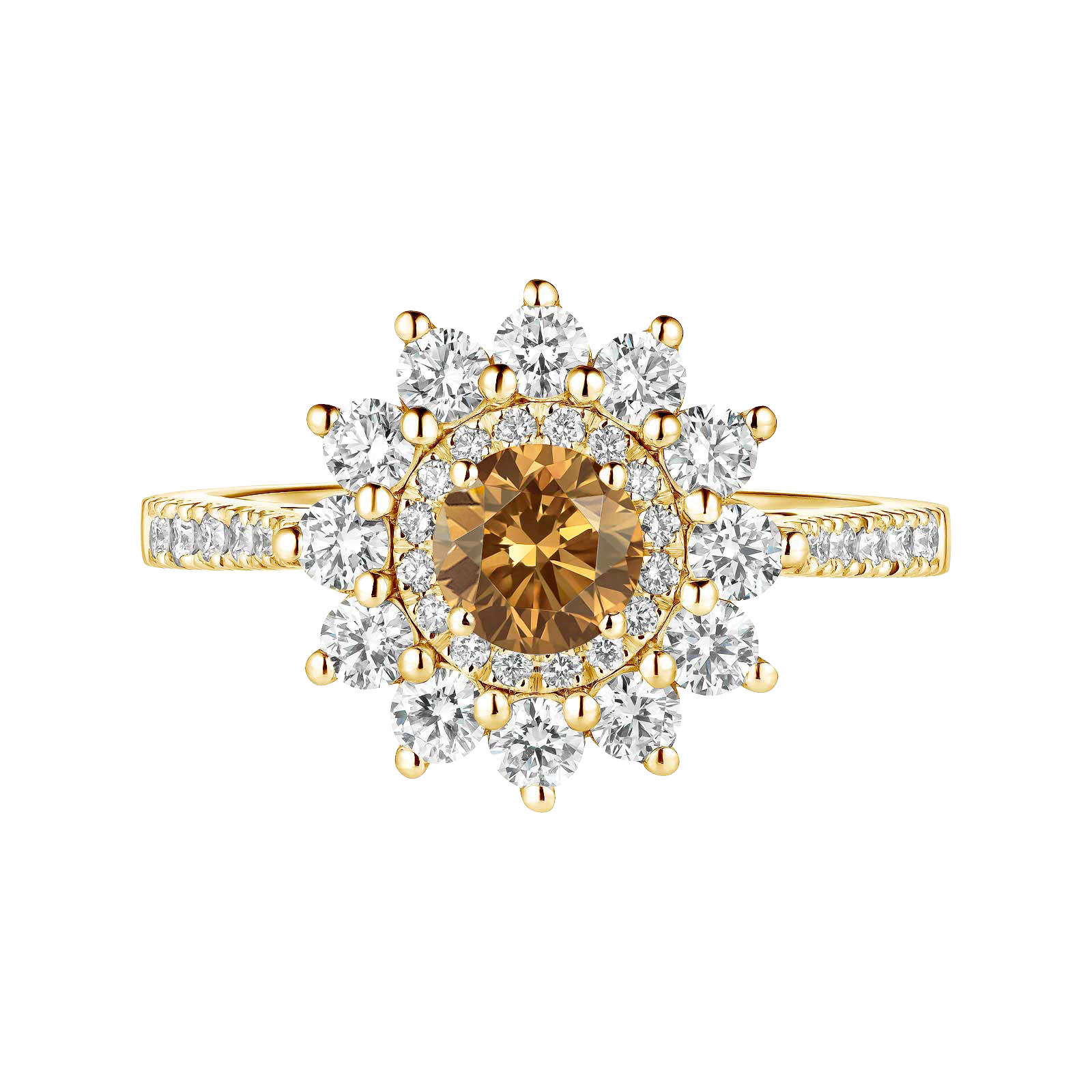 Ring Yellow gold Cognac Diamond and diamonds Lefkos 4 mm Pavée 1