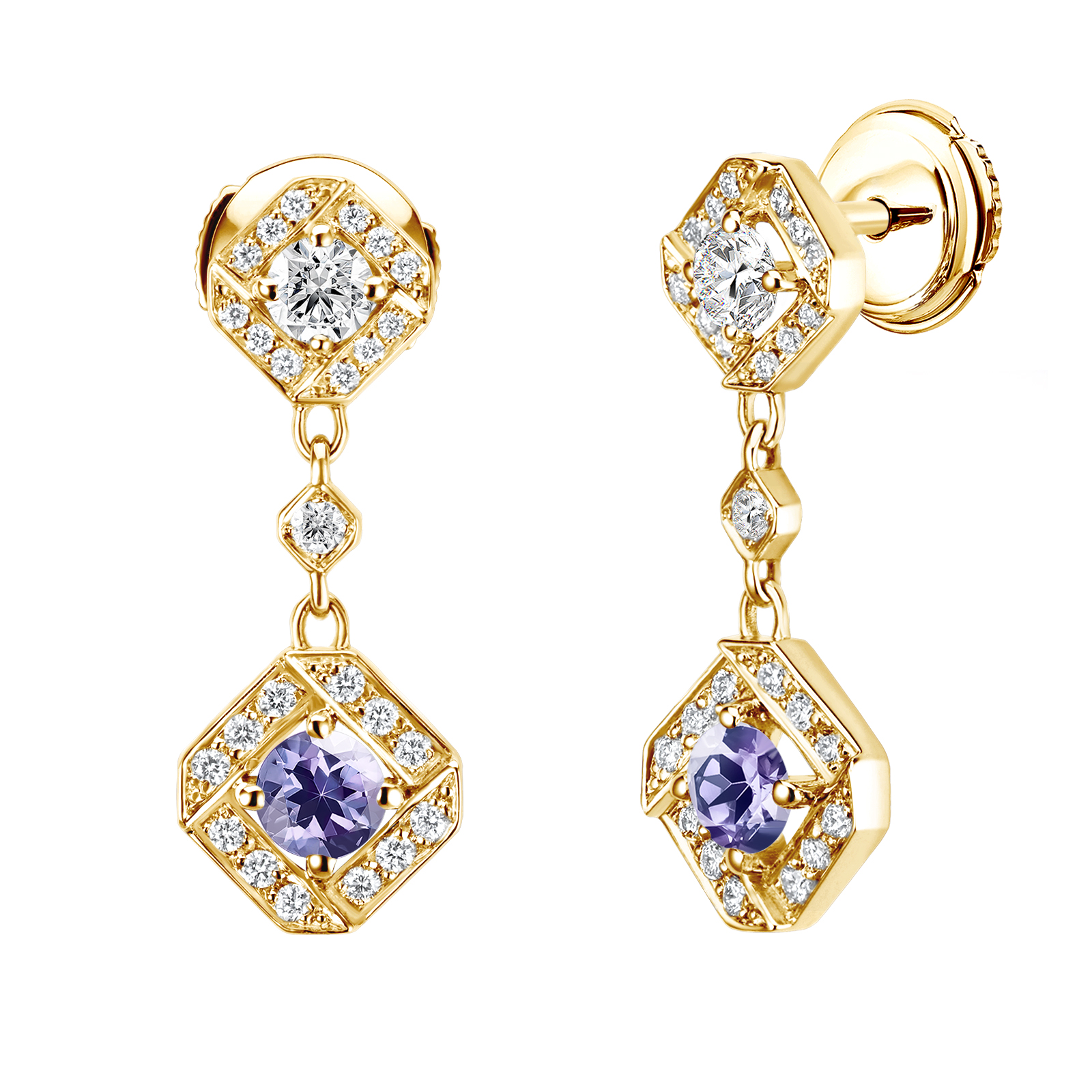 Earrings Yellow gold Tanzanite and diamonds Plissage 1