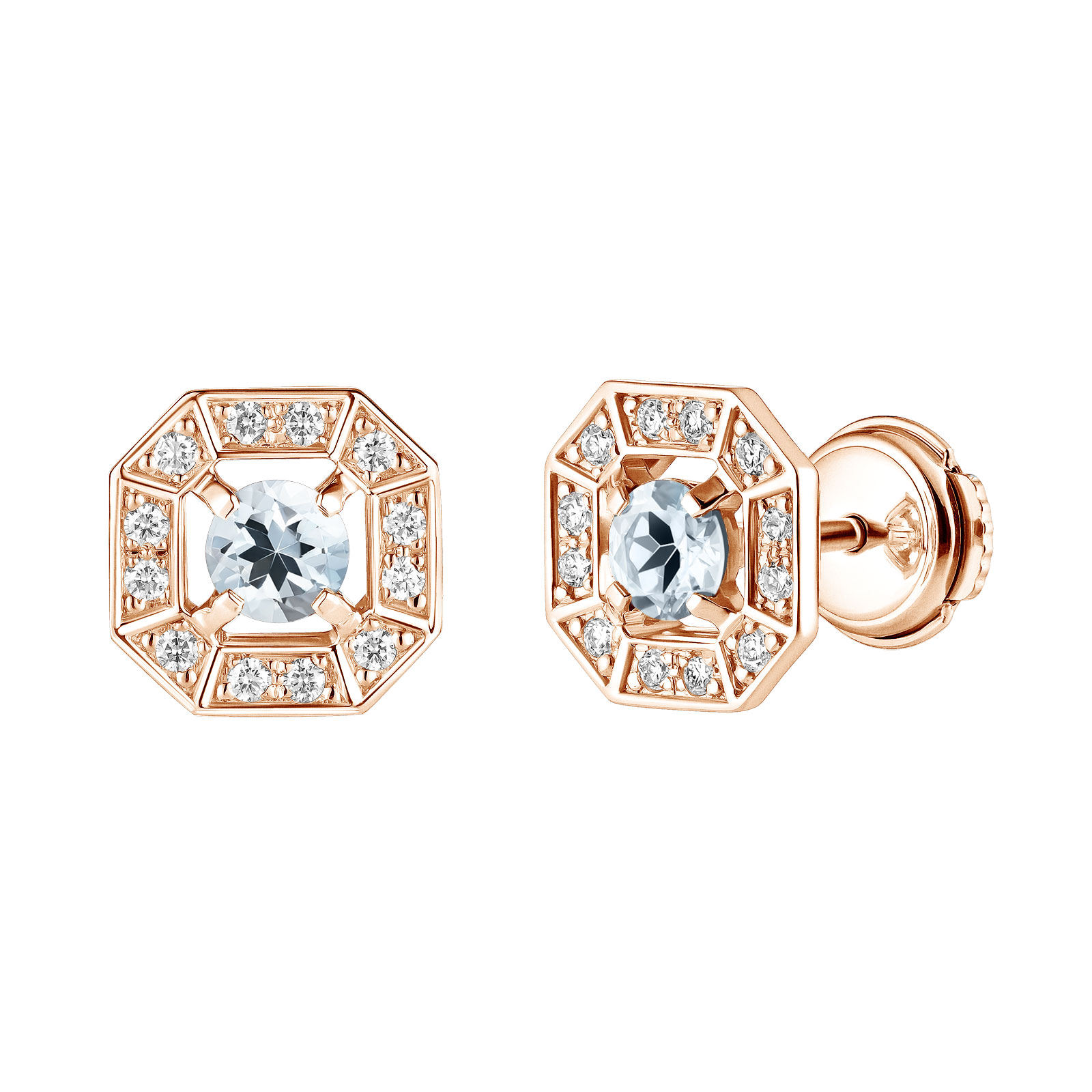 Boucles d'oreilles Or rose Aigue-marine et diamants Art Déco Rond 4 mm 1