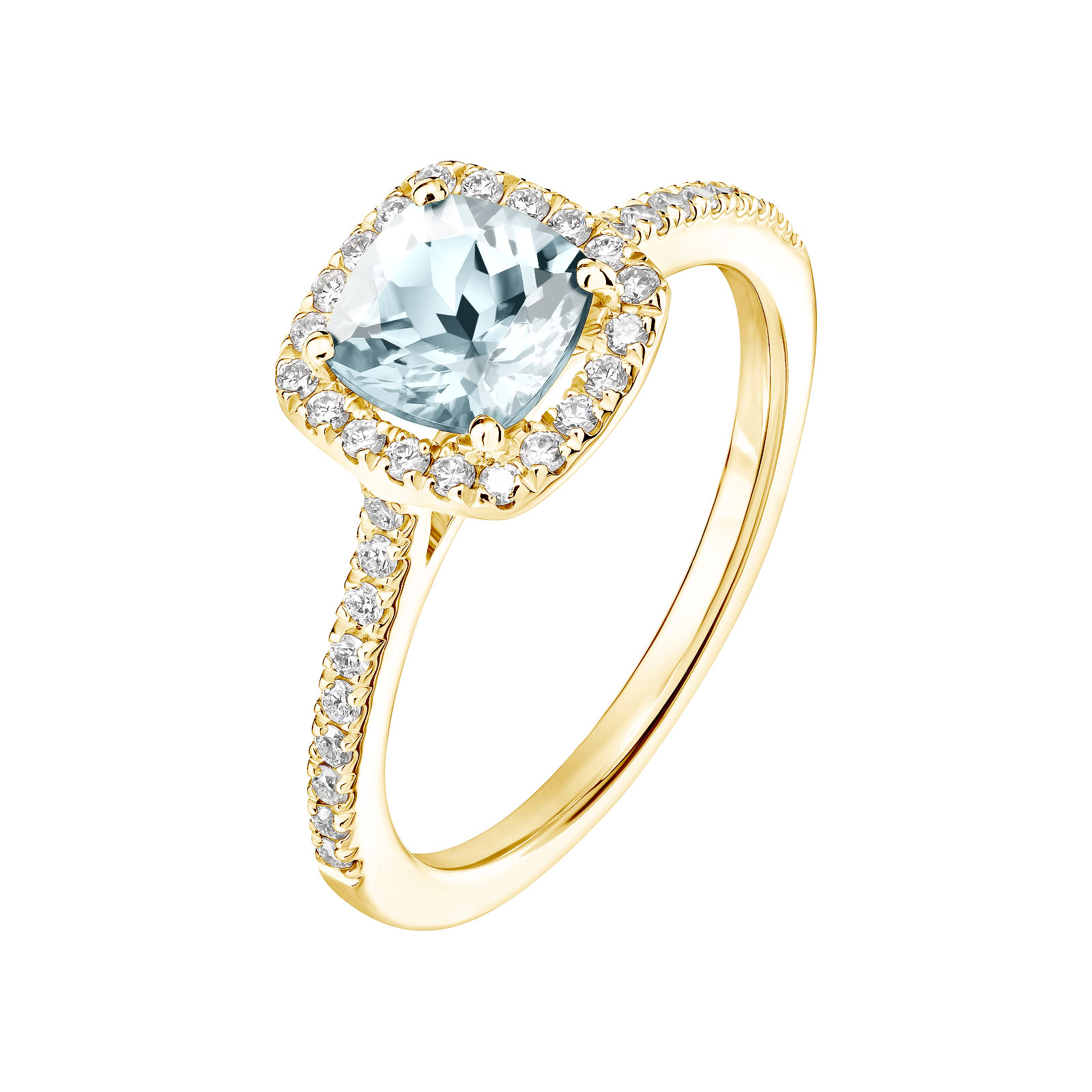 Ring Yellow gold Aquamarine and diamonds Rétromantique Coussin Pavée 1
