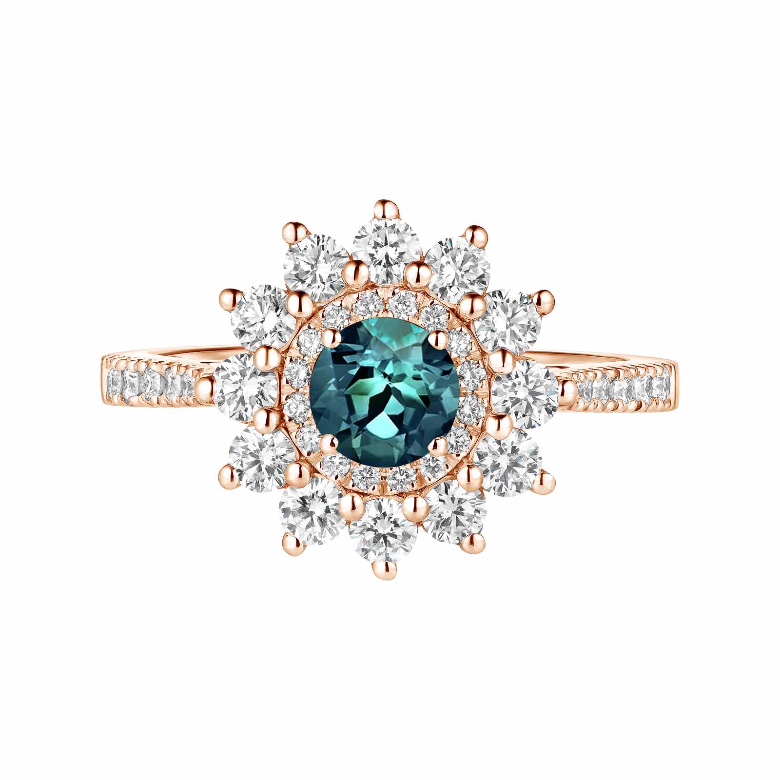 Ring Rose gold Teal Sapphire and diamonds Lefkos 5 mm Pavée 1