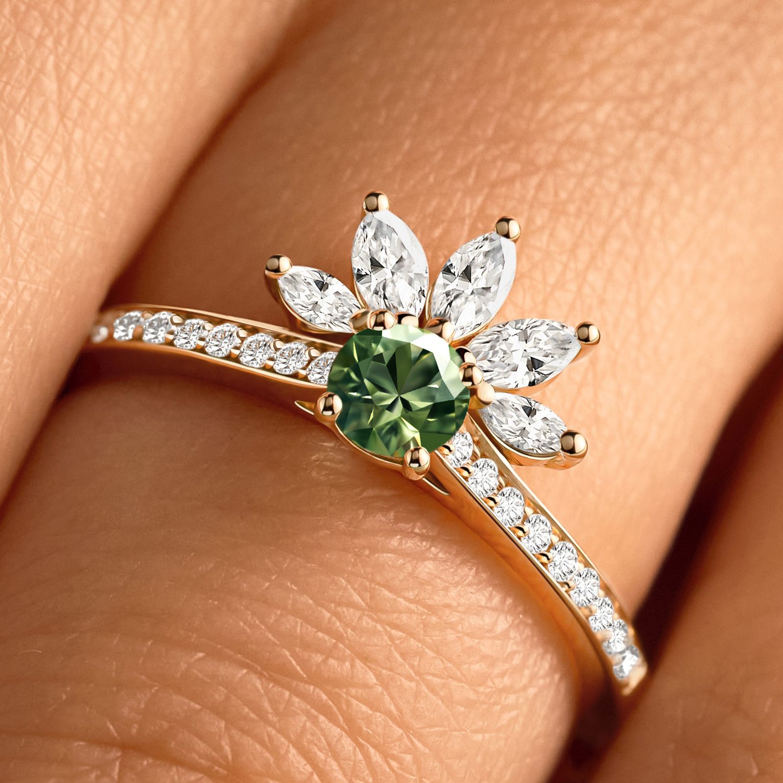 Bague Or rose Saphir Vert et diamants EverBloom Pavée 4 mm 3