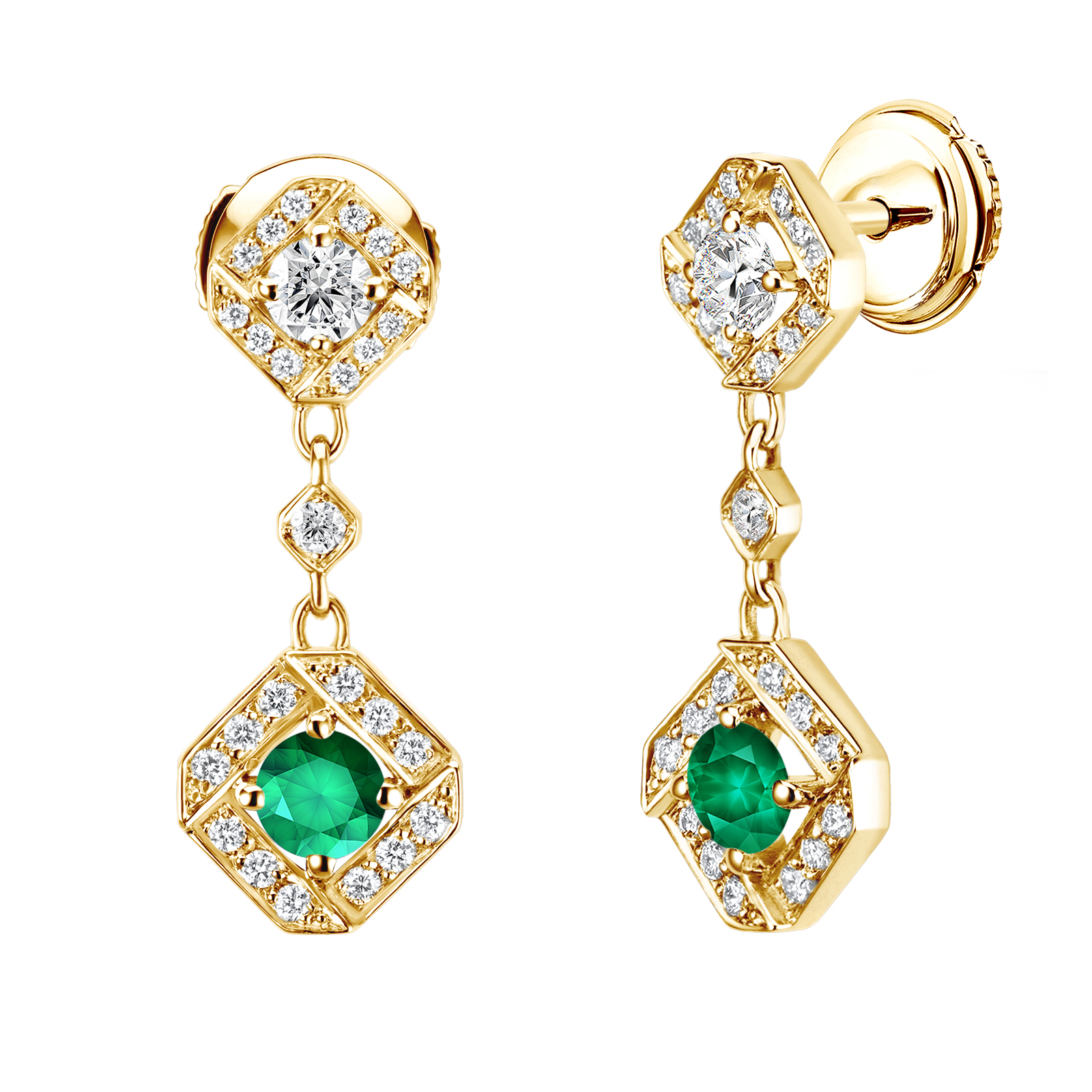Earrings Yellow gold Emerald and diamonds Plissage 1
