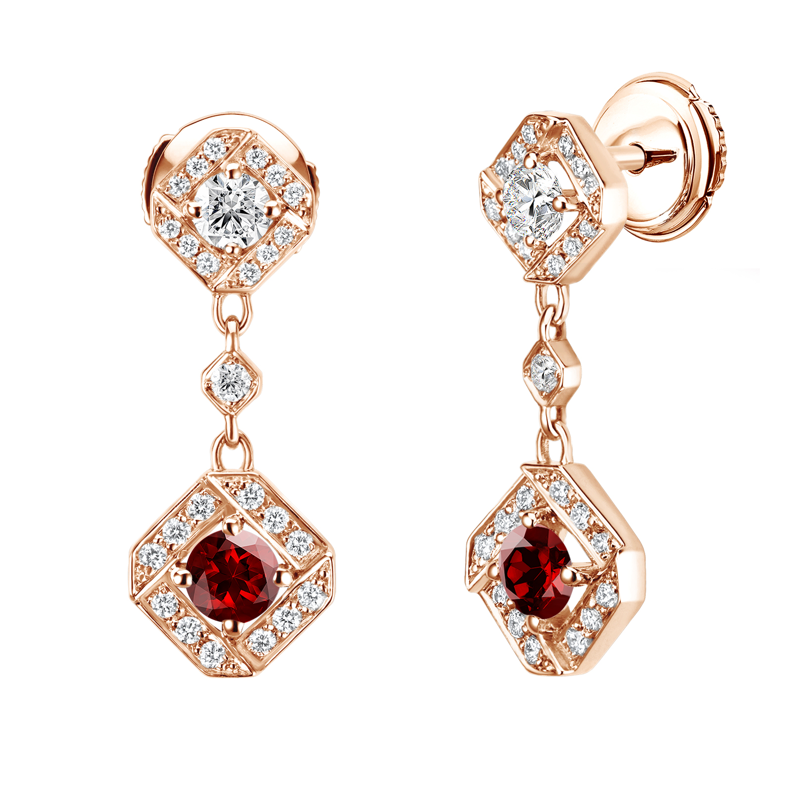 Earrings Rose gold Garnet and diamonds Plissage 1