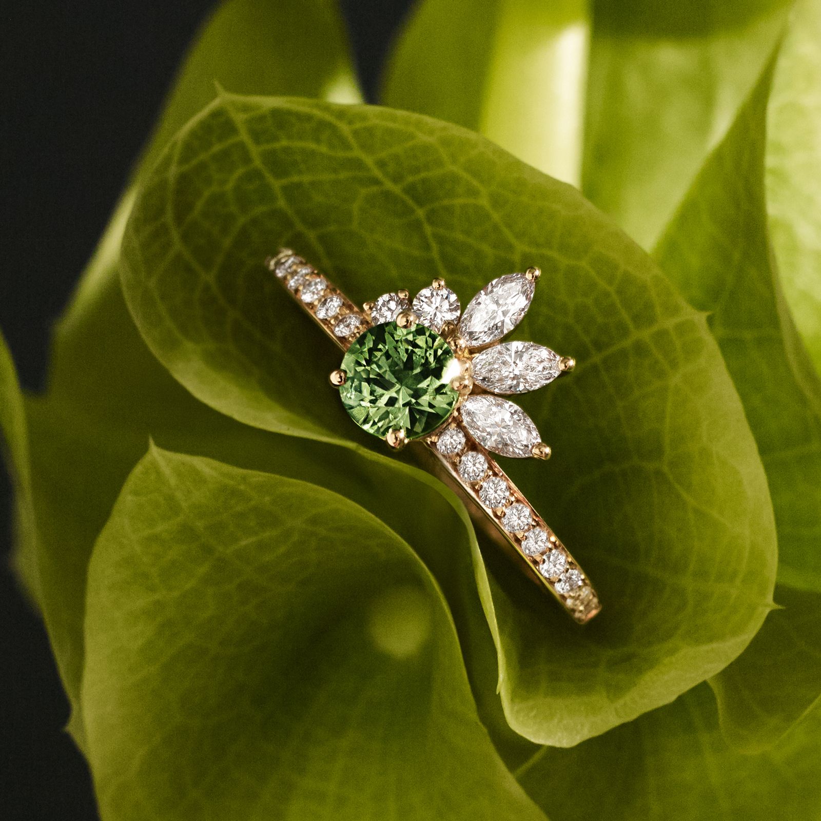 Ring Gelbgold Grüner Saphir und diamanten Little EverBloom Pavée 4