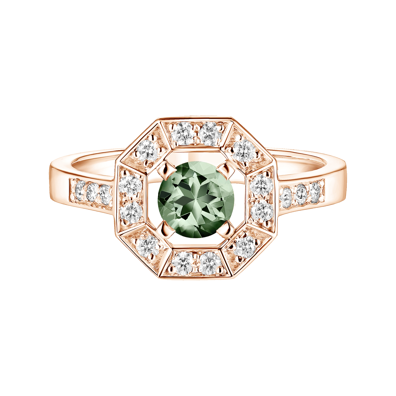 Ring Roségold Grüner Saphir und diamanten Art Déco Rond 5 mm 1