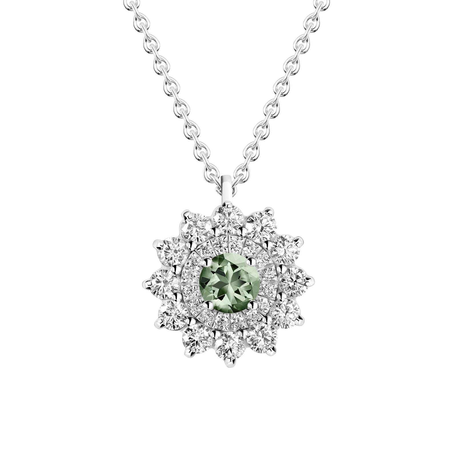 Pendentif Or blanc Saphir Vert et diamants Lefkos 1