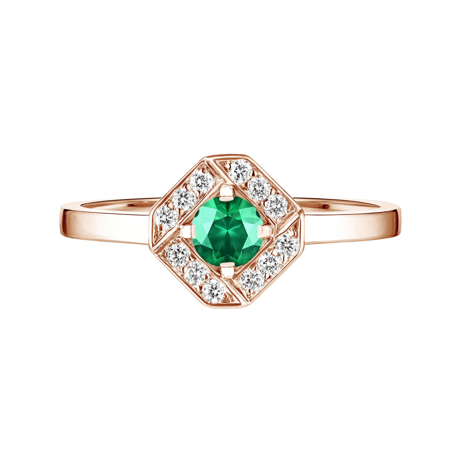 Ring Rose gold Emerald and diamonds Plissage Rond 4 mm 1