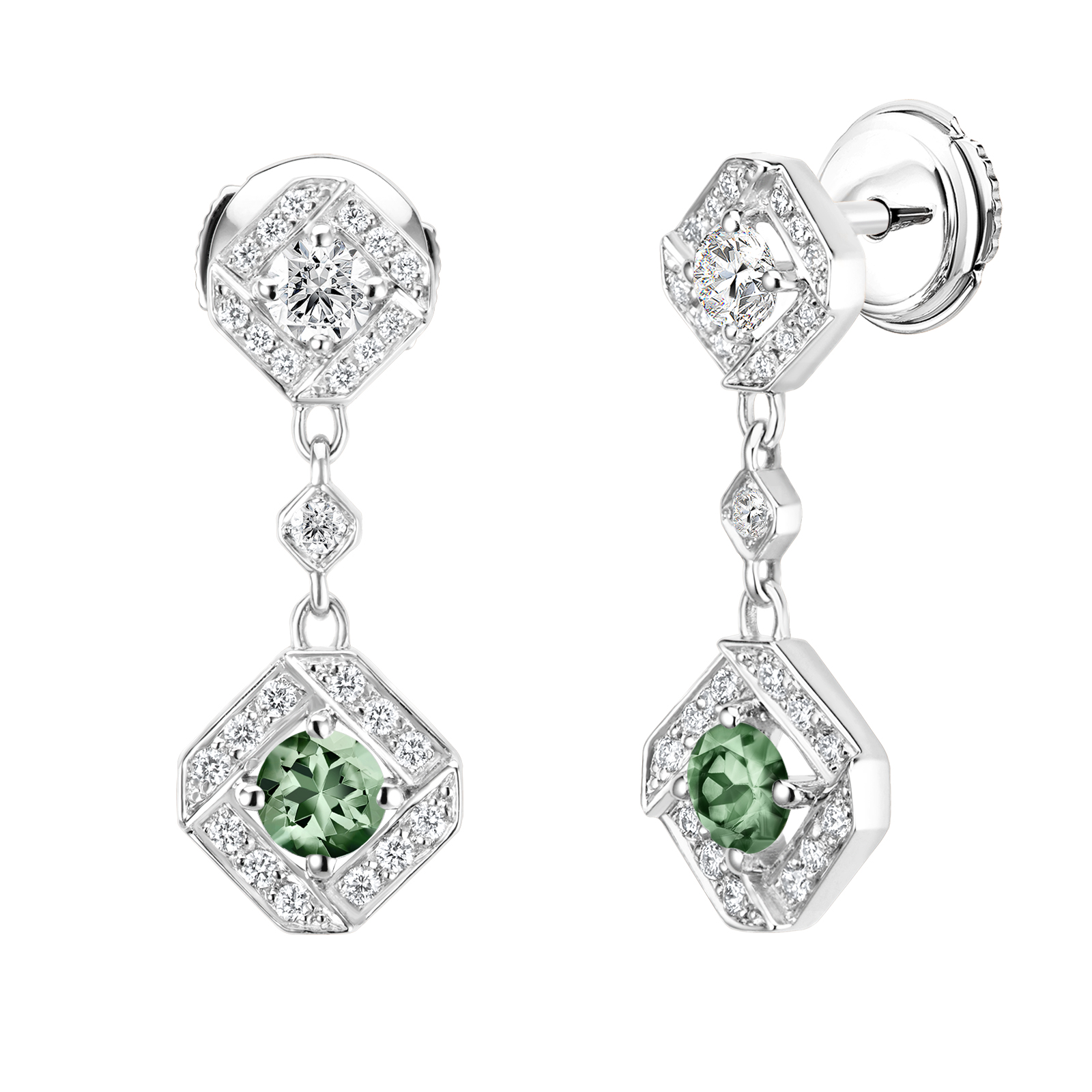 Boucles d'oreilles Or blanc Saphir Vert et diamants Plissage 1