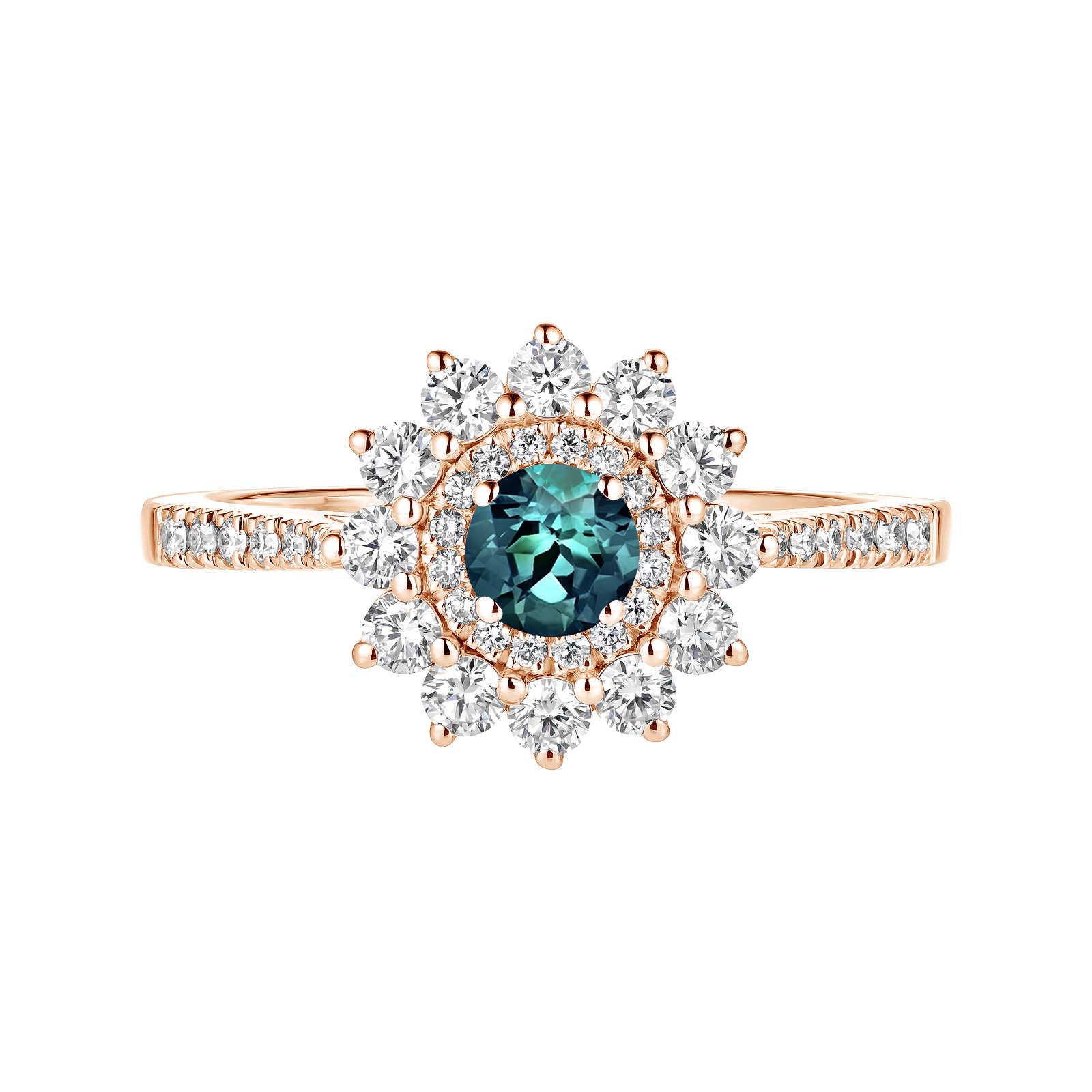 Ring Rose gold Teal Sapphire and diamonds Lefkos 4 mm Pavée 1
