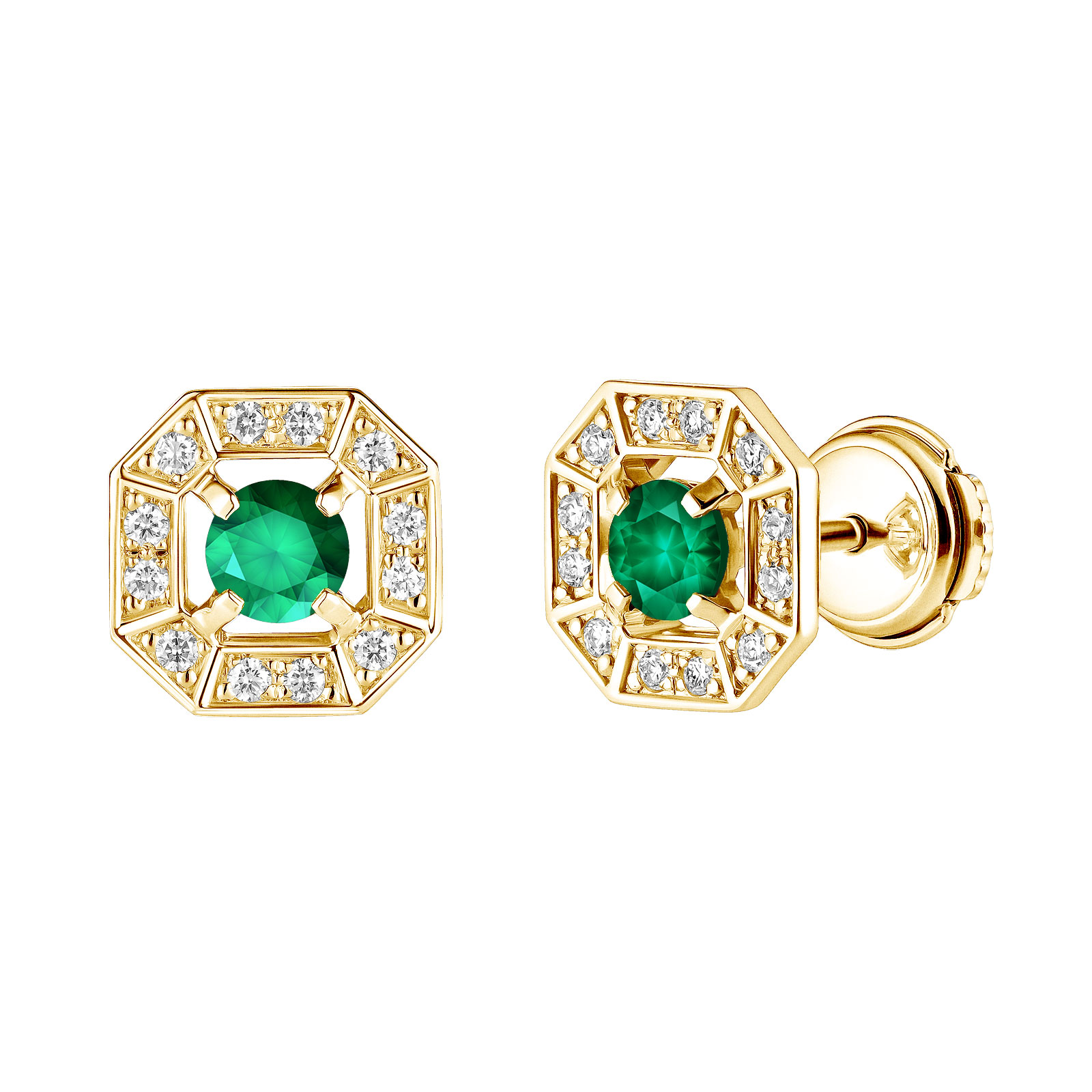 Earrings Yellow gold Emerald and diamonds Art Déco Rond 4 mm 1