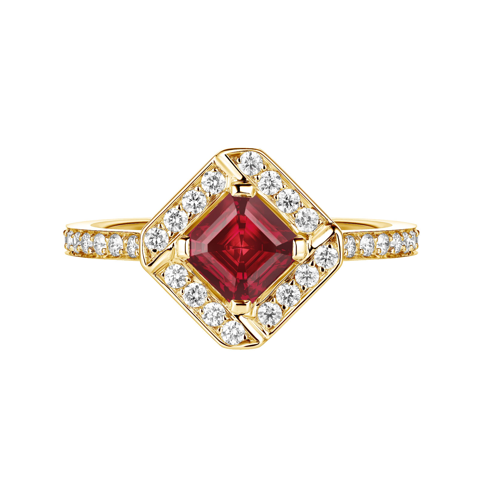 Ring Yellow gold Ruby and diamonds Plissage 1