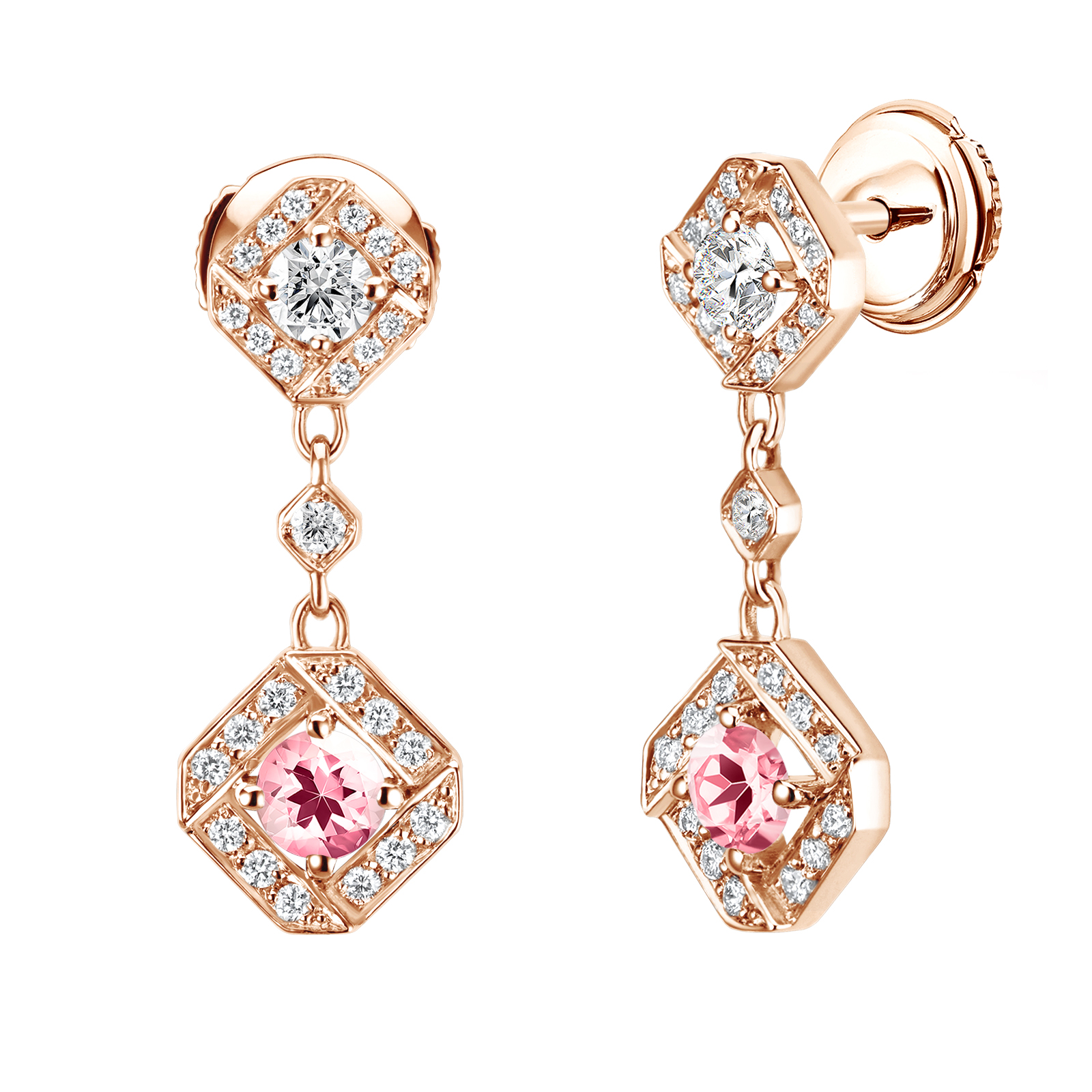 Boucles d'oreilles Or rose Tourmaline et diamants Plissage 1