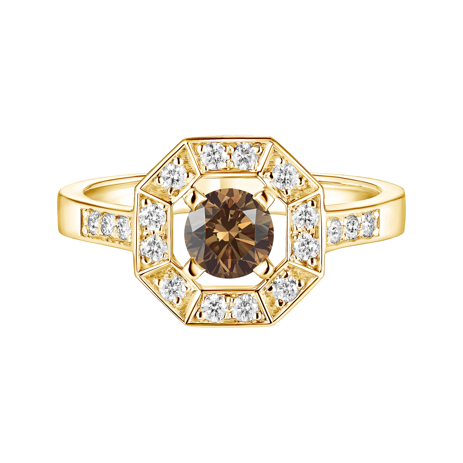 Ring Gelbgold Diamant-Schokolade und diamanten Art Déco Rond 5 mm 1
