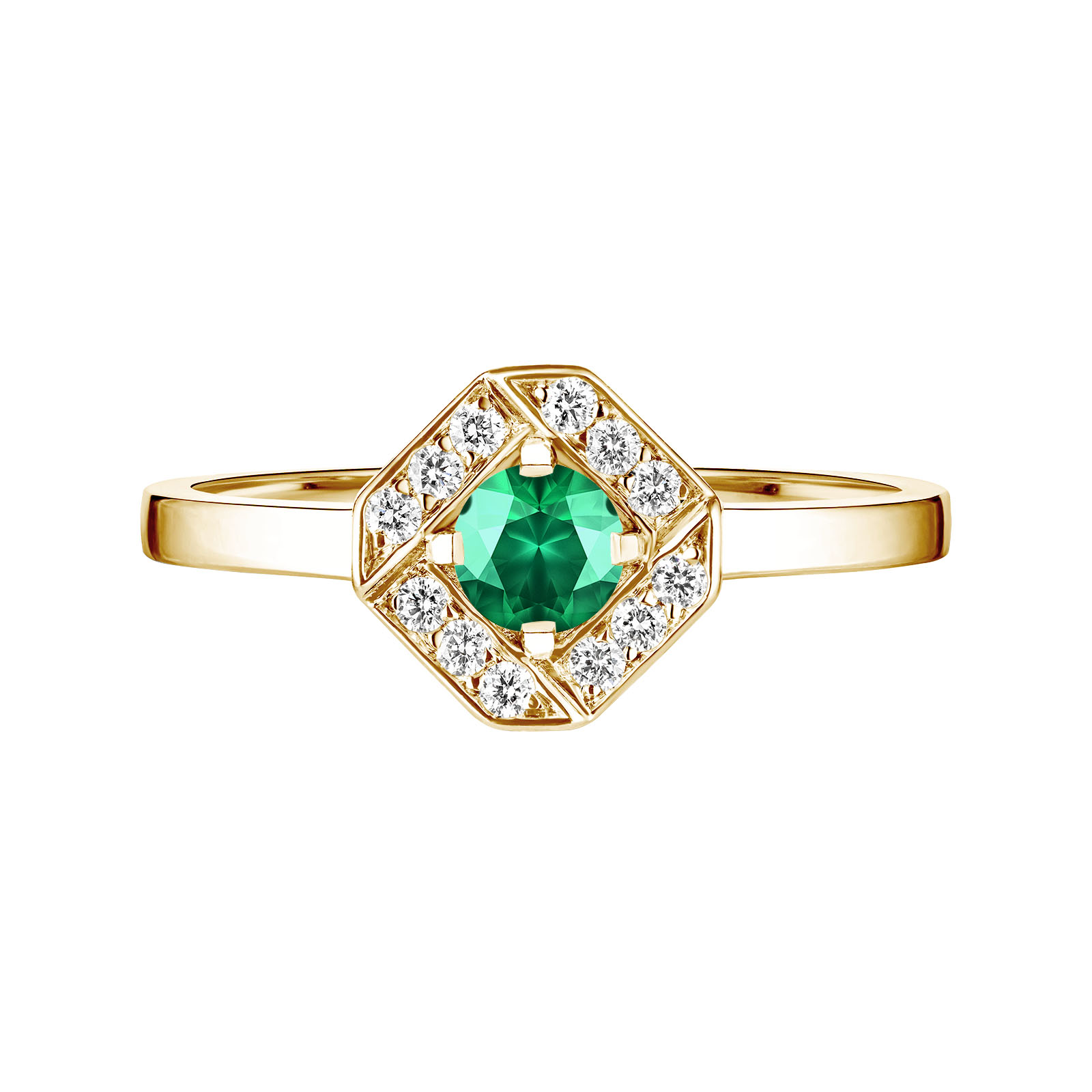 Ring Yellow gold Emerald and diamonds Plissage Rond 4 mm 1