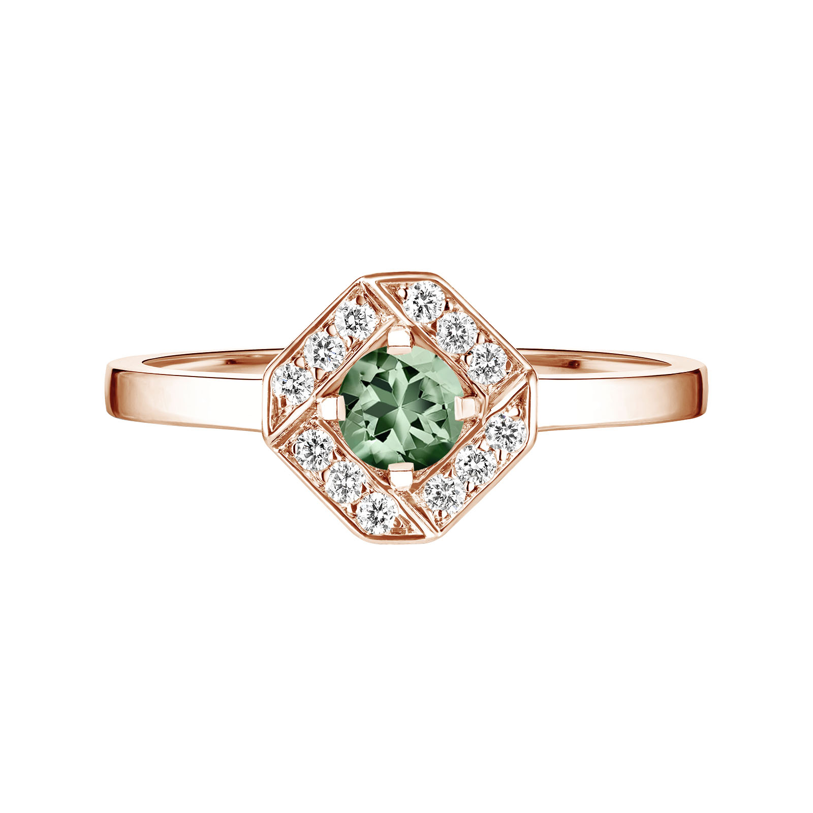 Ring Roségold Grüner Saphir und diamanten Plissage Rond 4 mm 1